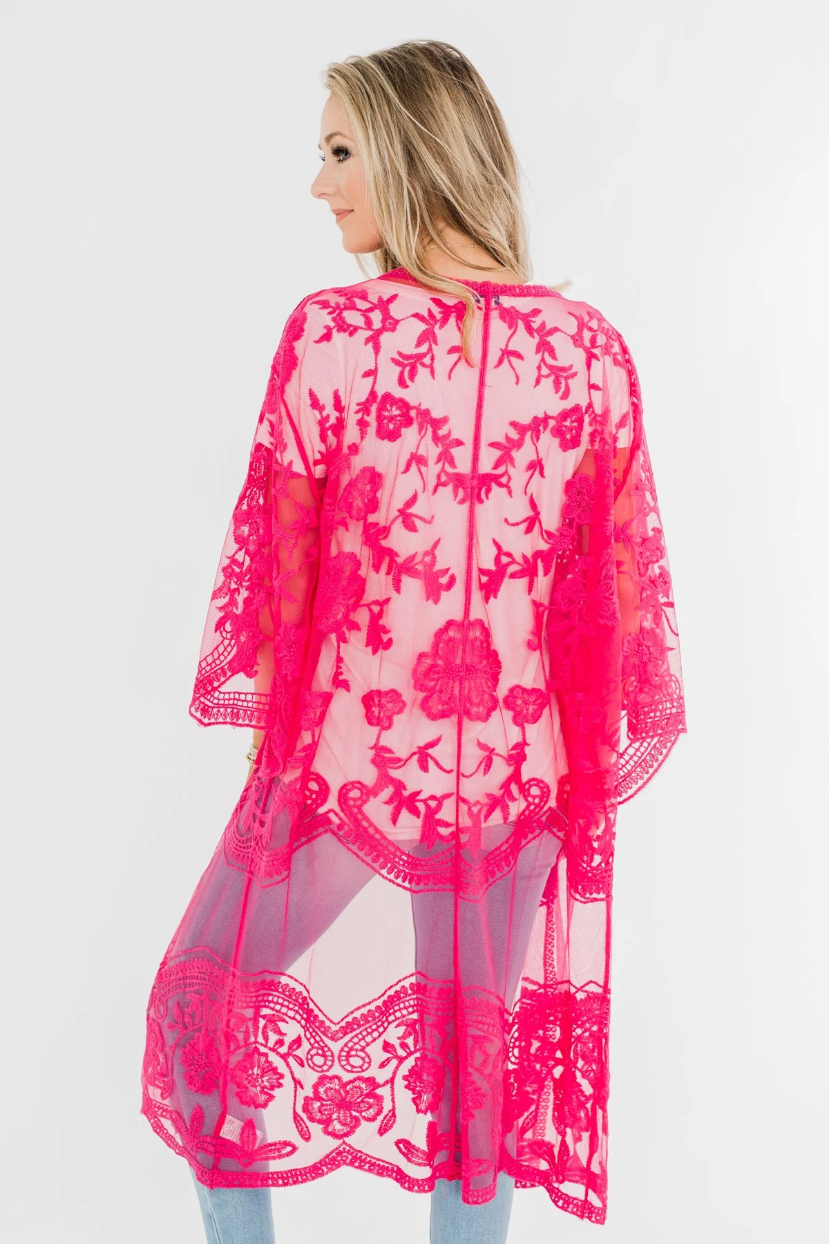Long Sheer Floral Lace Kimono- Hot Pink - Image 12