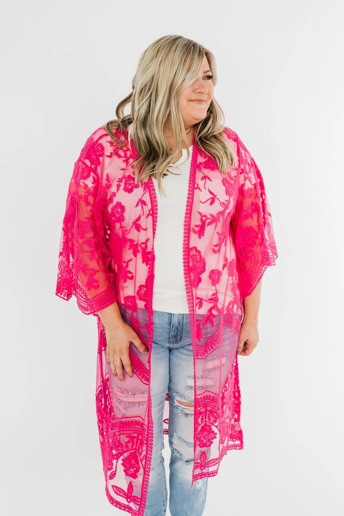 Long Sheer Floral Lace Kimono- Hot Pink - Image 2