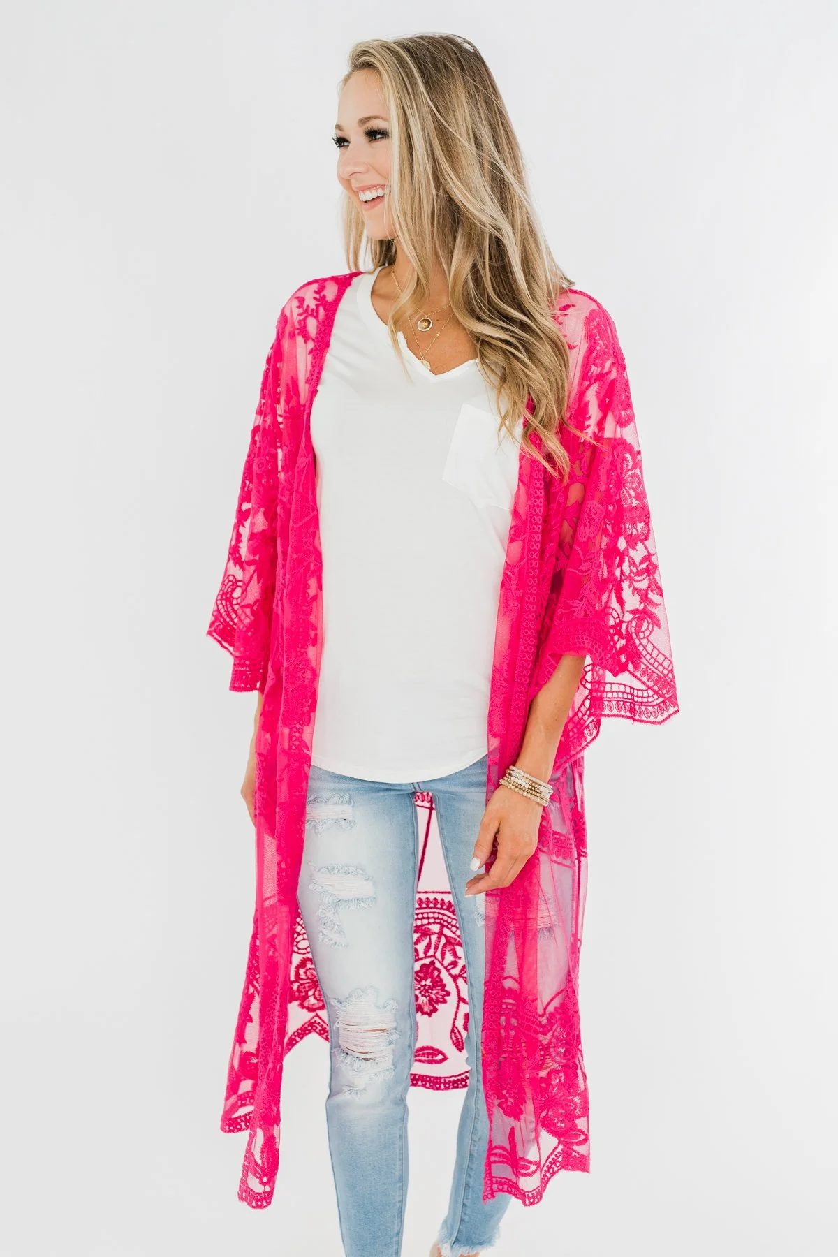Long Sheer Floral Lace Kimono- Hot Pink - Image 5