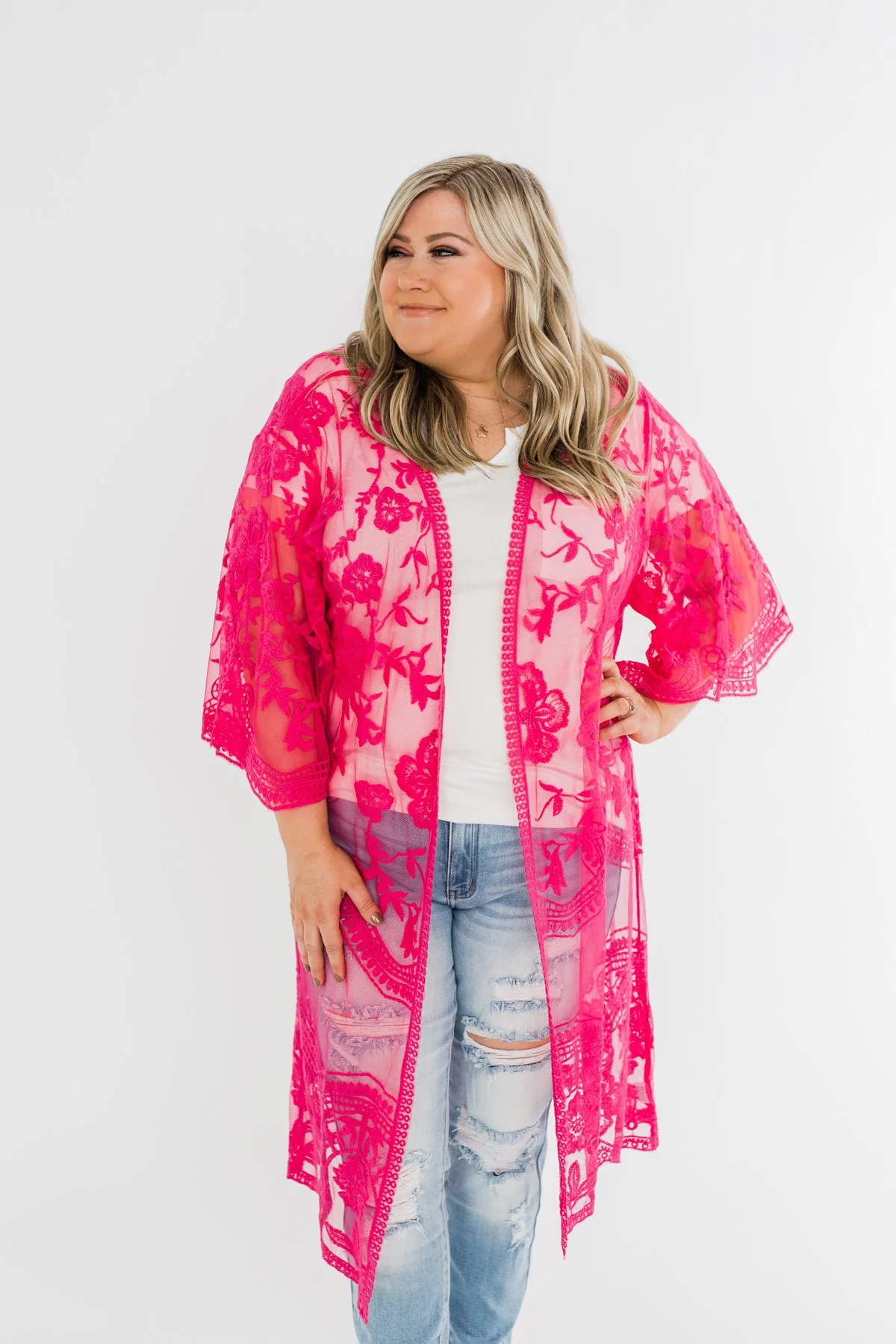 Long Sheer Floral Lace Kimono- Hot Pink - Image 6