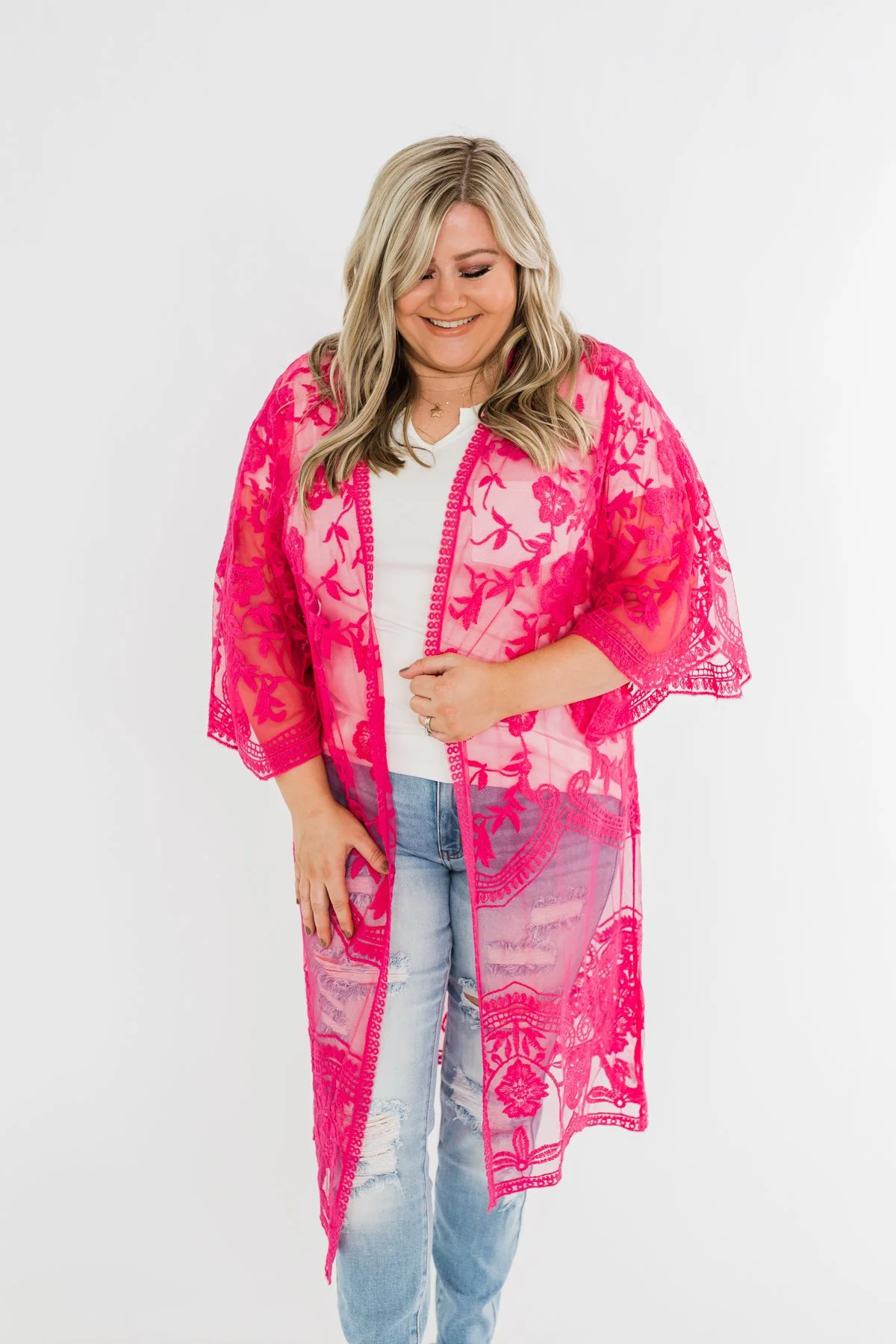 Long Sheer Floral Lace Kimono- Hot Pink - Image 8