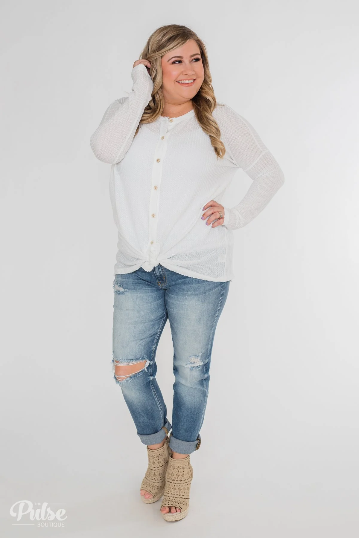 Long Sleeve Button-Up Thermal Top- White - Image 12