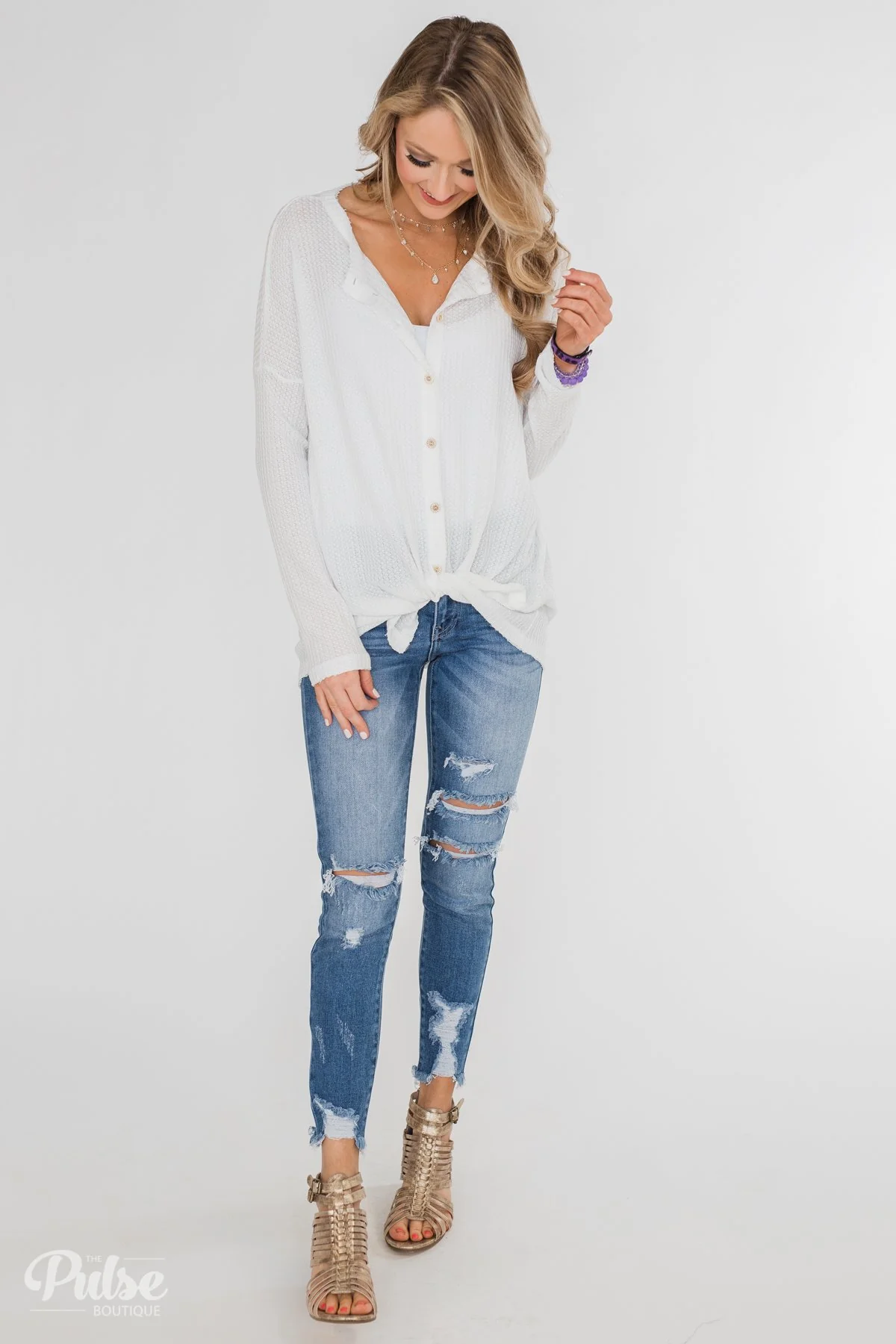 Long Sleeve Button-Up Thermal Top- White - Image 13