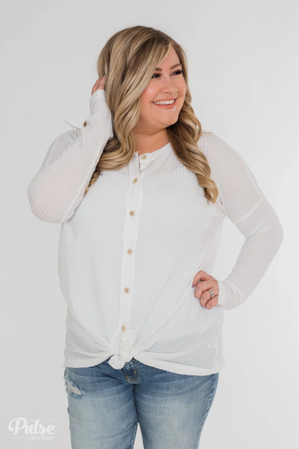 Long Sleeve Button-Up Thermal Top- White - Image 20