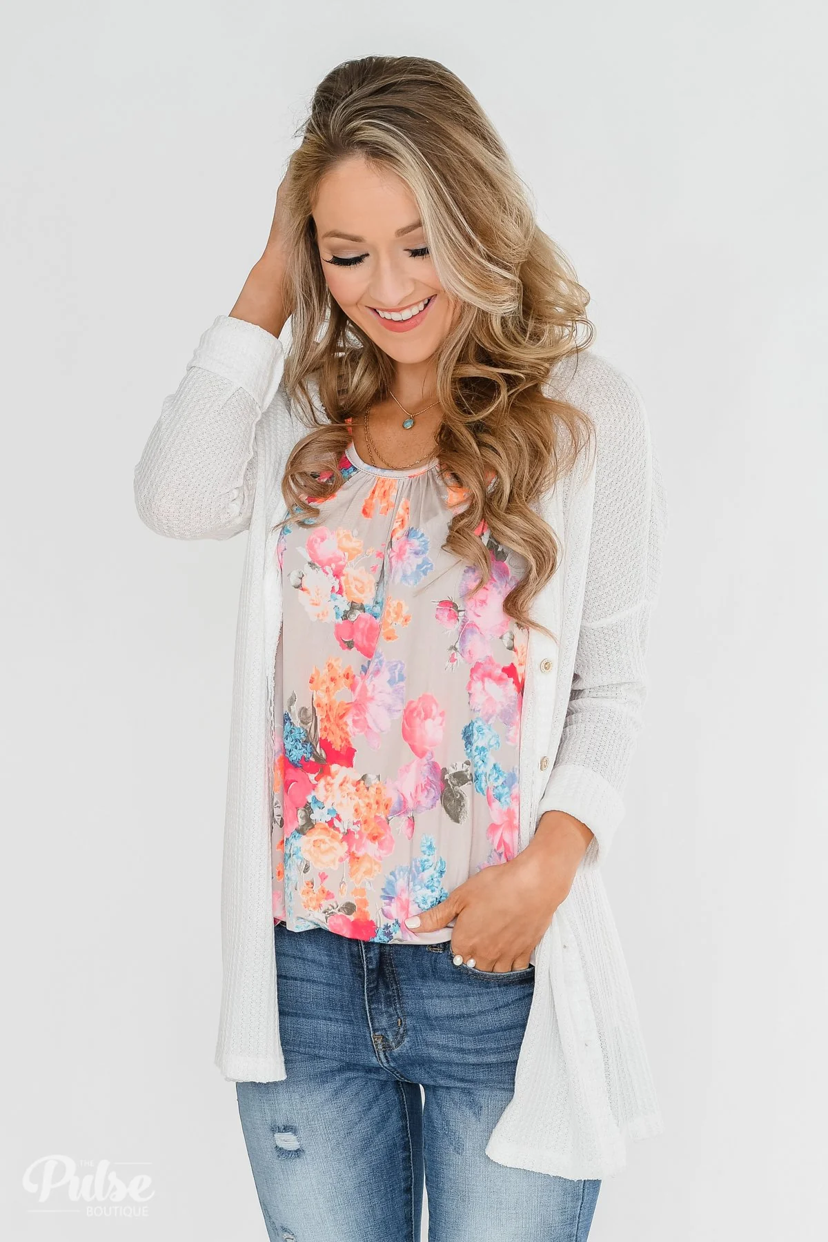 Long Sleeve Button-Up Thermal Top- White - Image 8