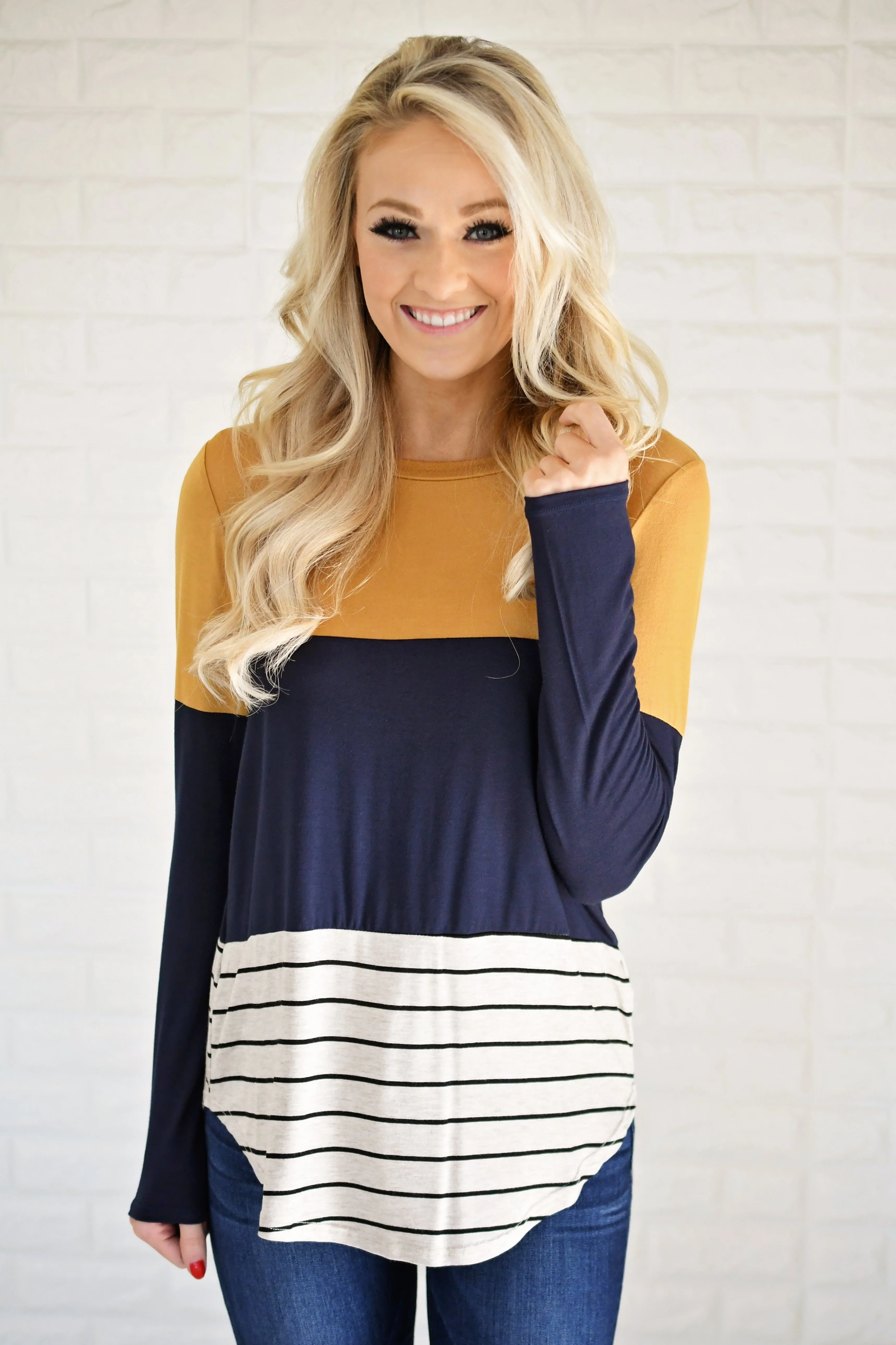 Long Sleeve Colorblock Top ~ Mustard & Navy - Image 2