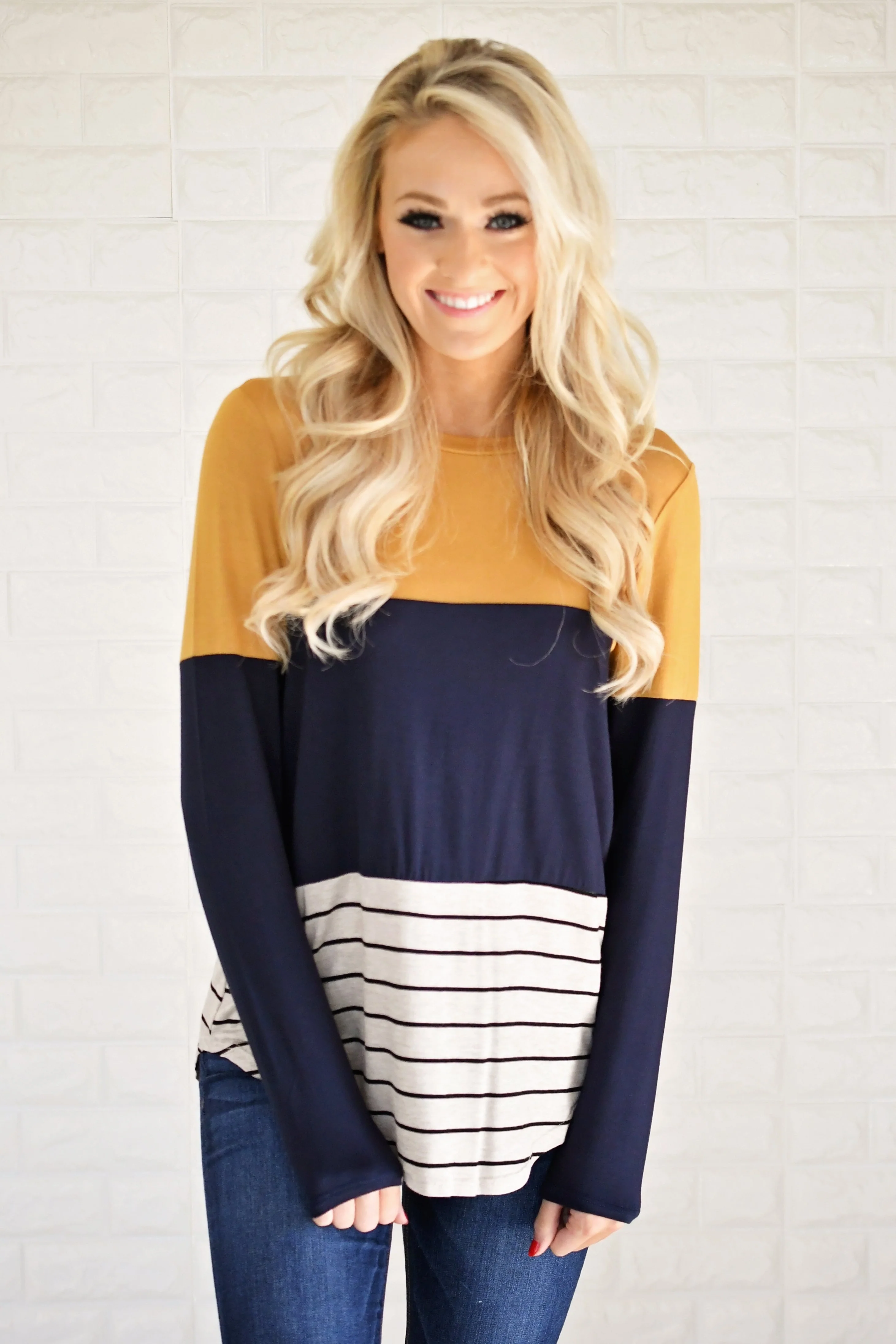 Long Sleeve Colorblock Top ~ Mustard & Navy - Image 3