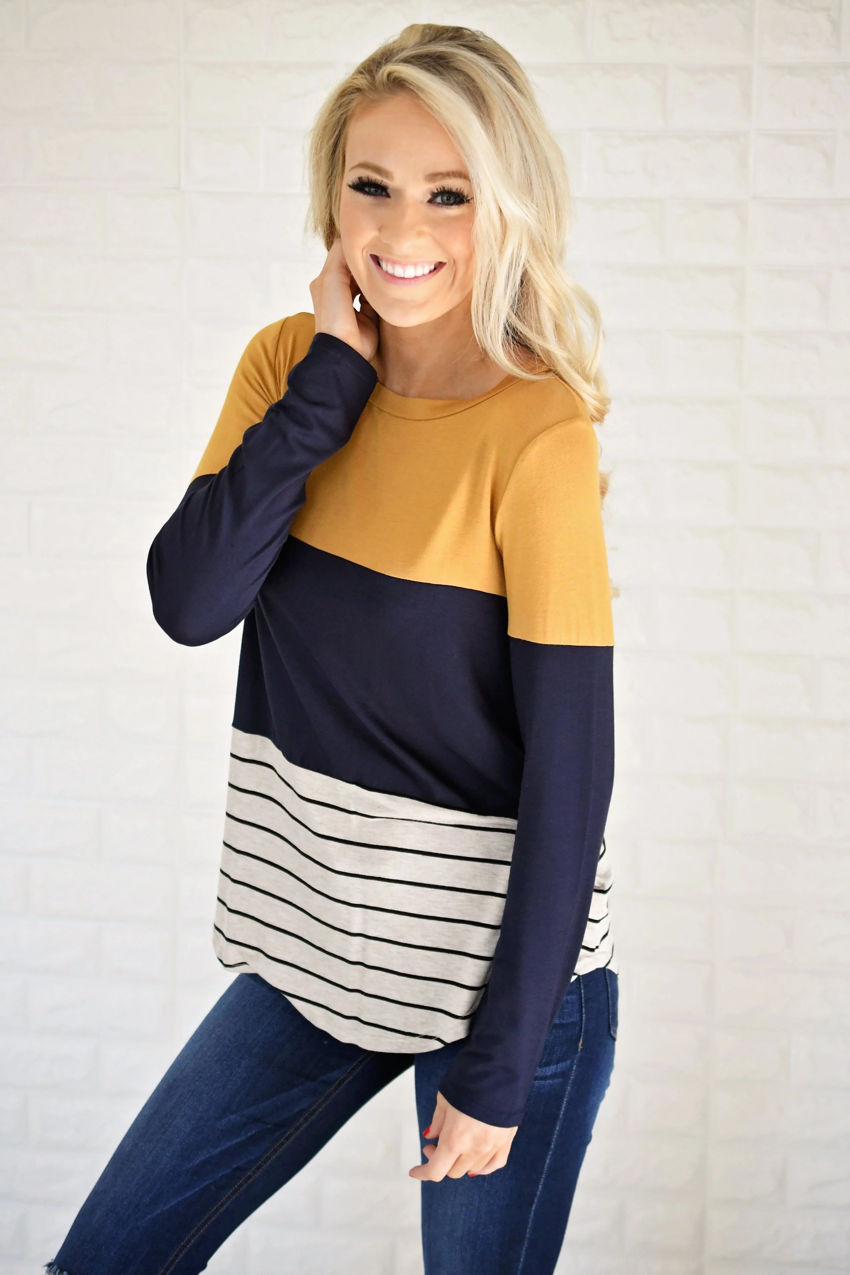 Long Sleeve Colorblock Top ~ Mustard & Navy - Image 5
