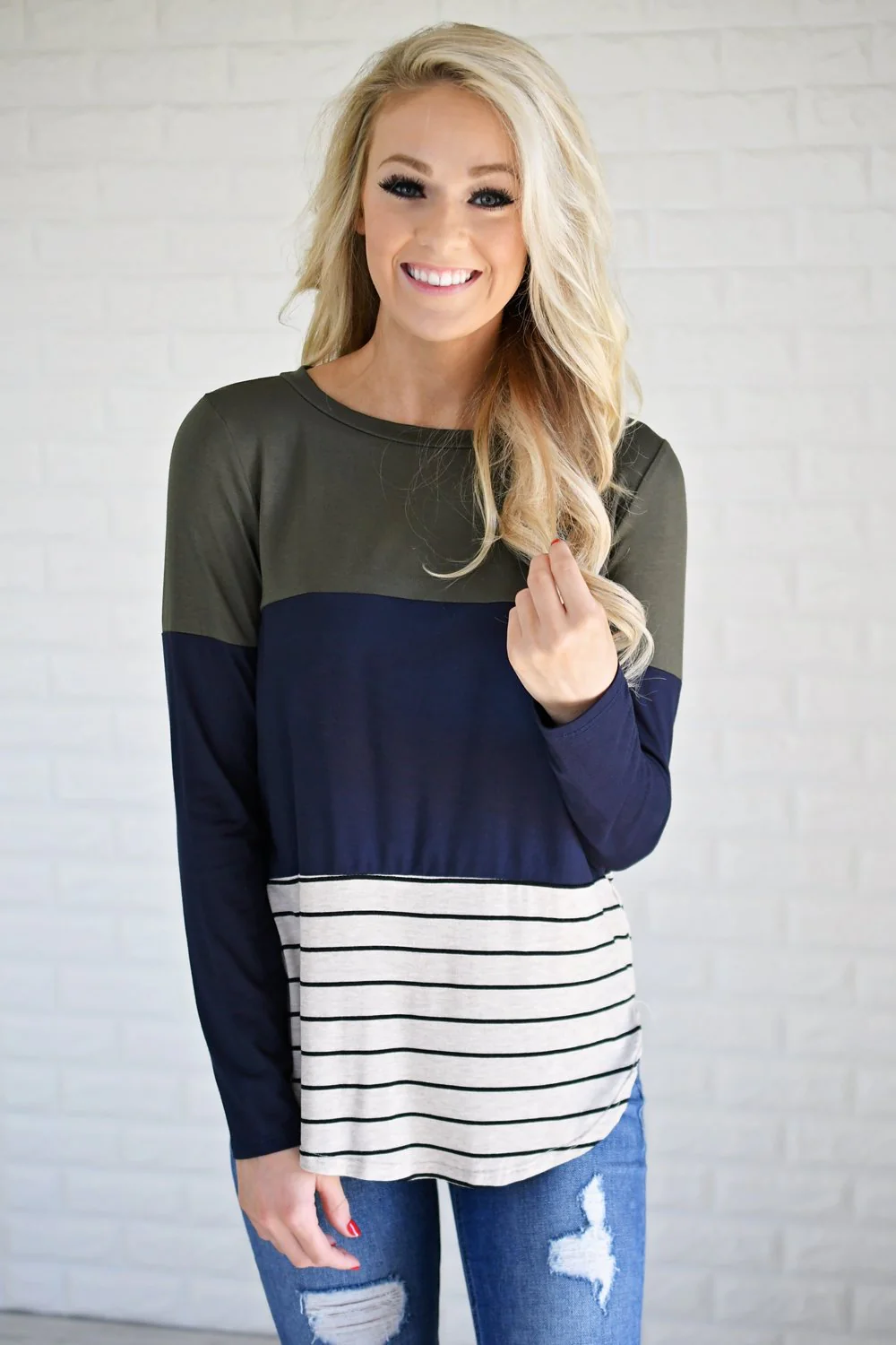 Long Sleeve Colorblock Top ~ Olive & Navy - Image 3