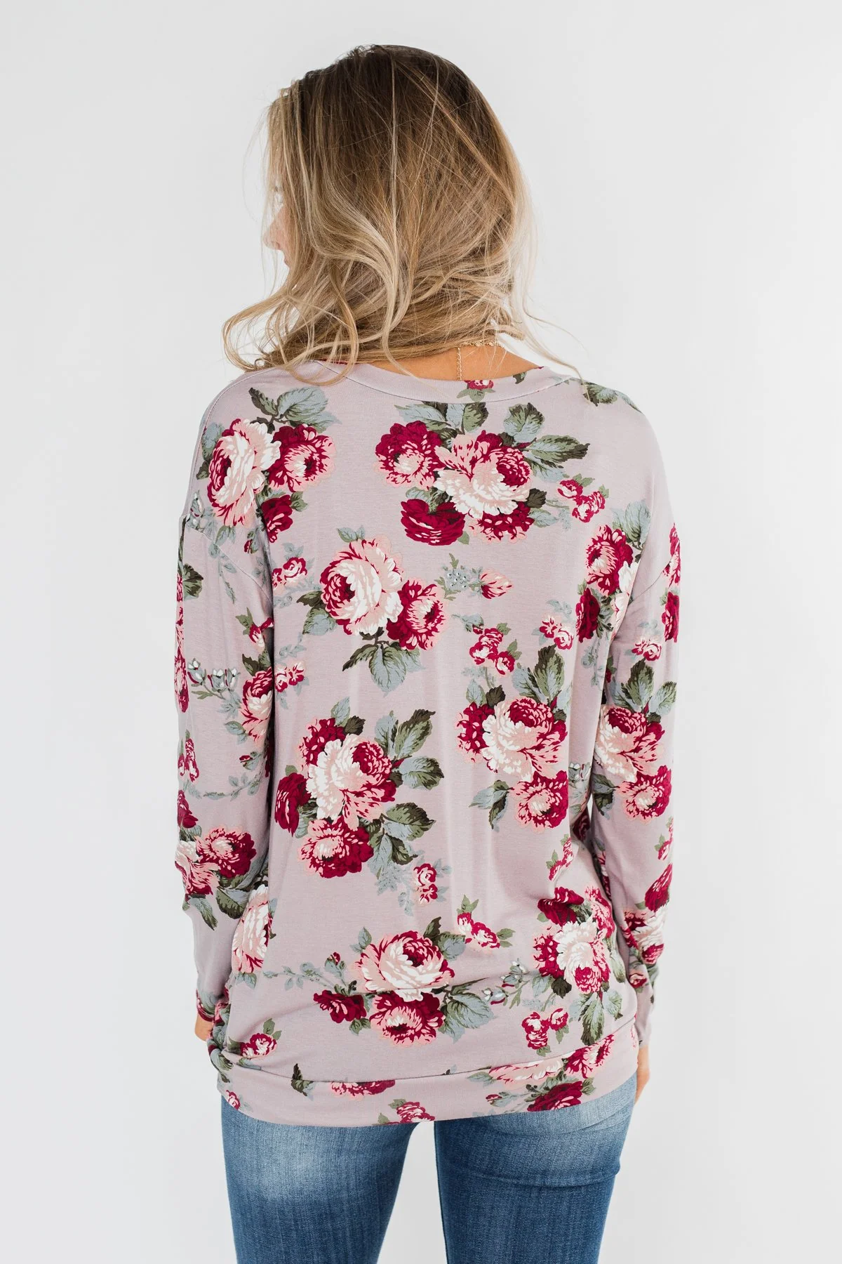 Long Sleeve Floral Wrap Top- Mauve - Image 10