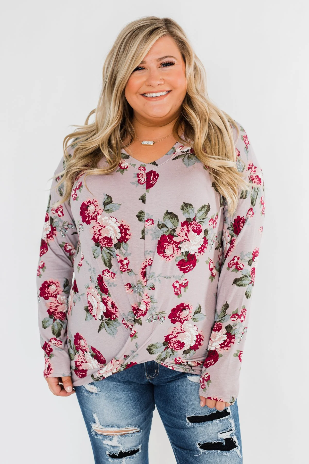Long Sleeve Floral Wrap Top- Mauve - Image 2
