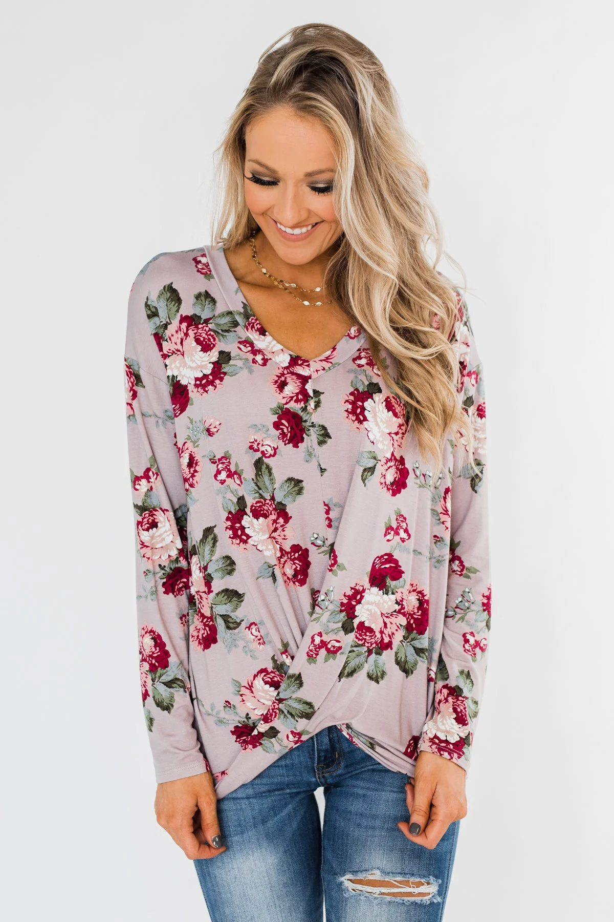 Long Sleeve Floral Wrap Top- Mauve - Image 4