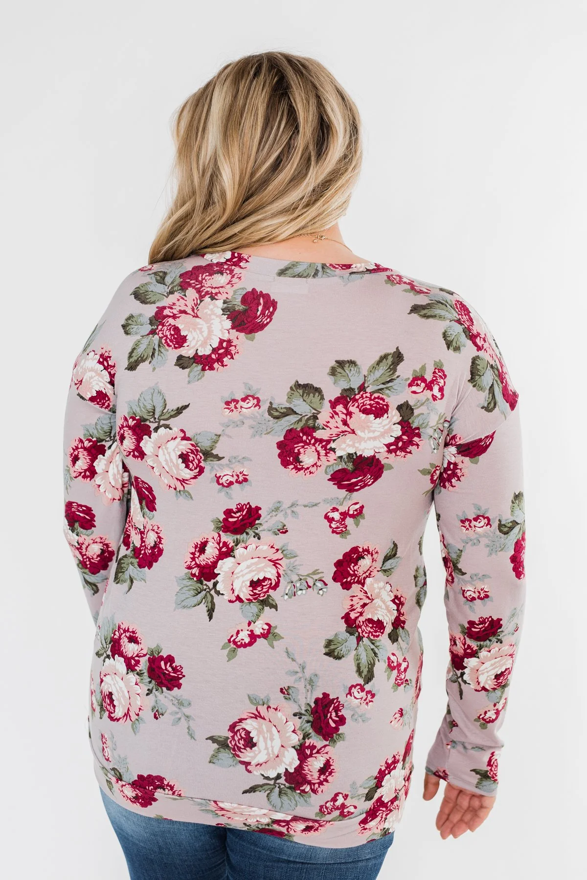 Long Sleeve Floral Wrap Top- Mauve - Image 9
