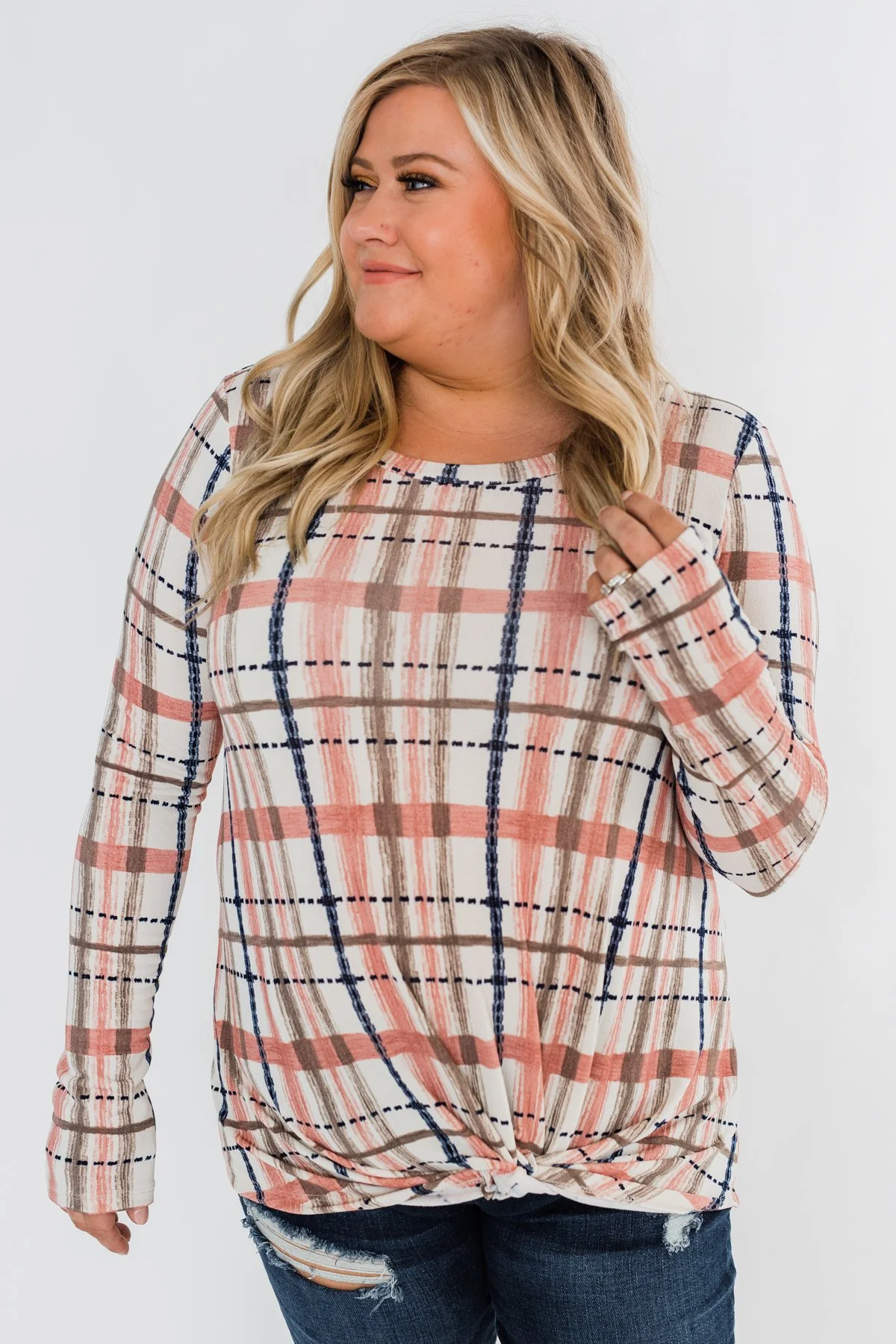 Long Sleeve Front Twist Top- Mauve, Cream, & Navy - Image 4