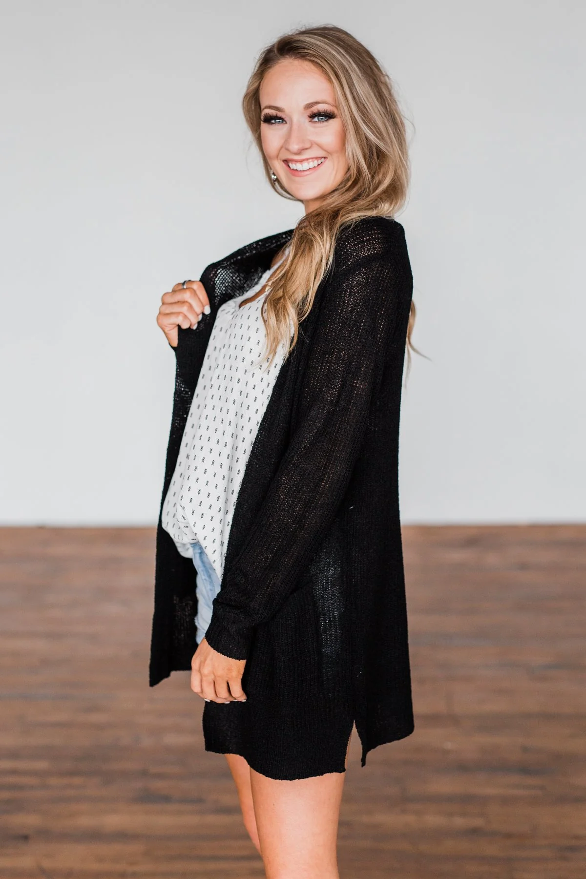 Long Sleeve Knit Cardigan- Black - Image 2