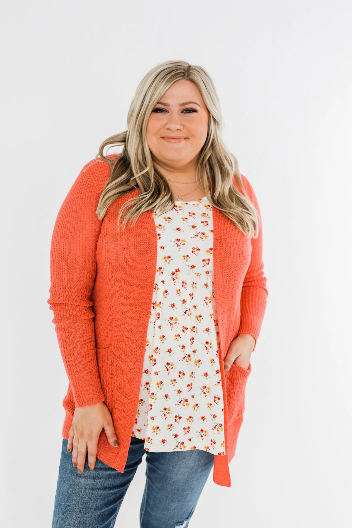 Long Sleeve Knit Cardigan- Coral - Image 2