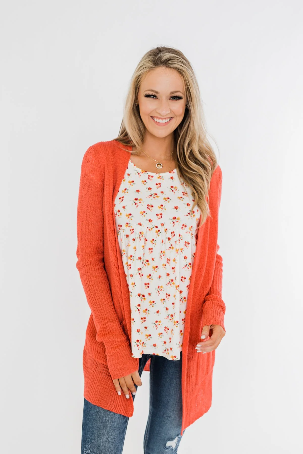 Long Sleeve Knit Cardigan- Coral - Image 3