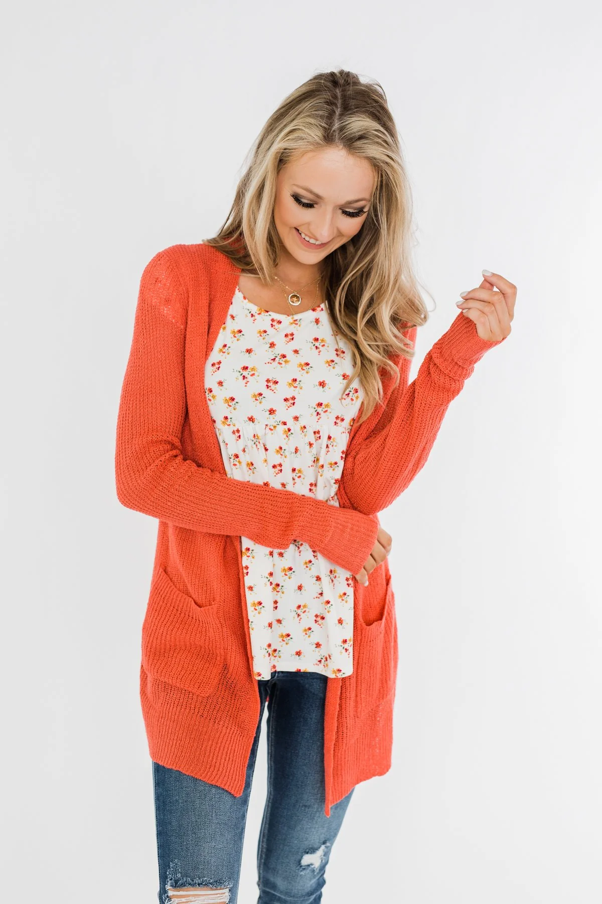 Long Sleeve Knit Cardigan- Coral - Image 5