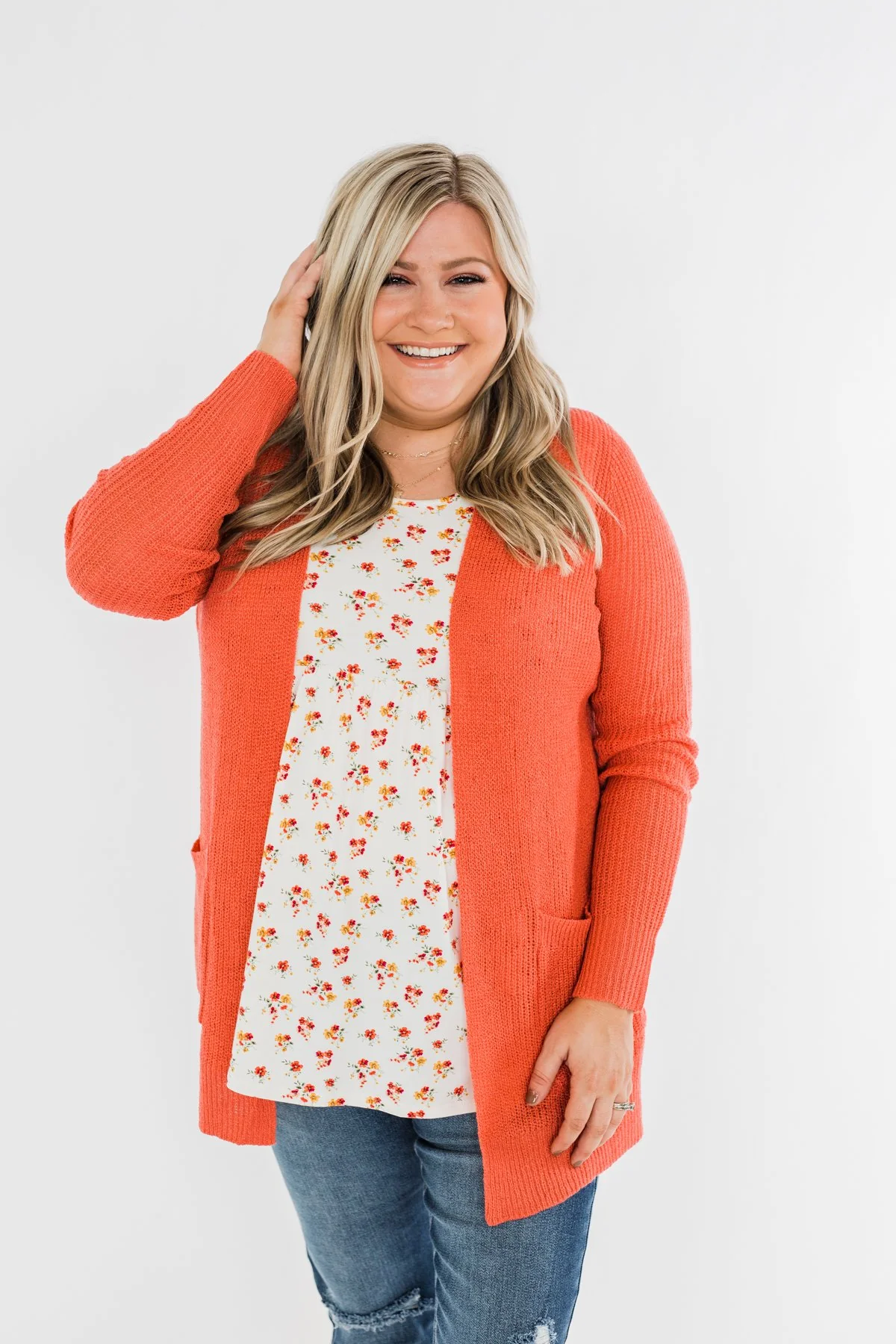 Long Sleeve Knit Cardigan- Coral - Image 8