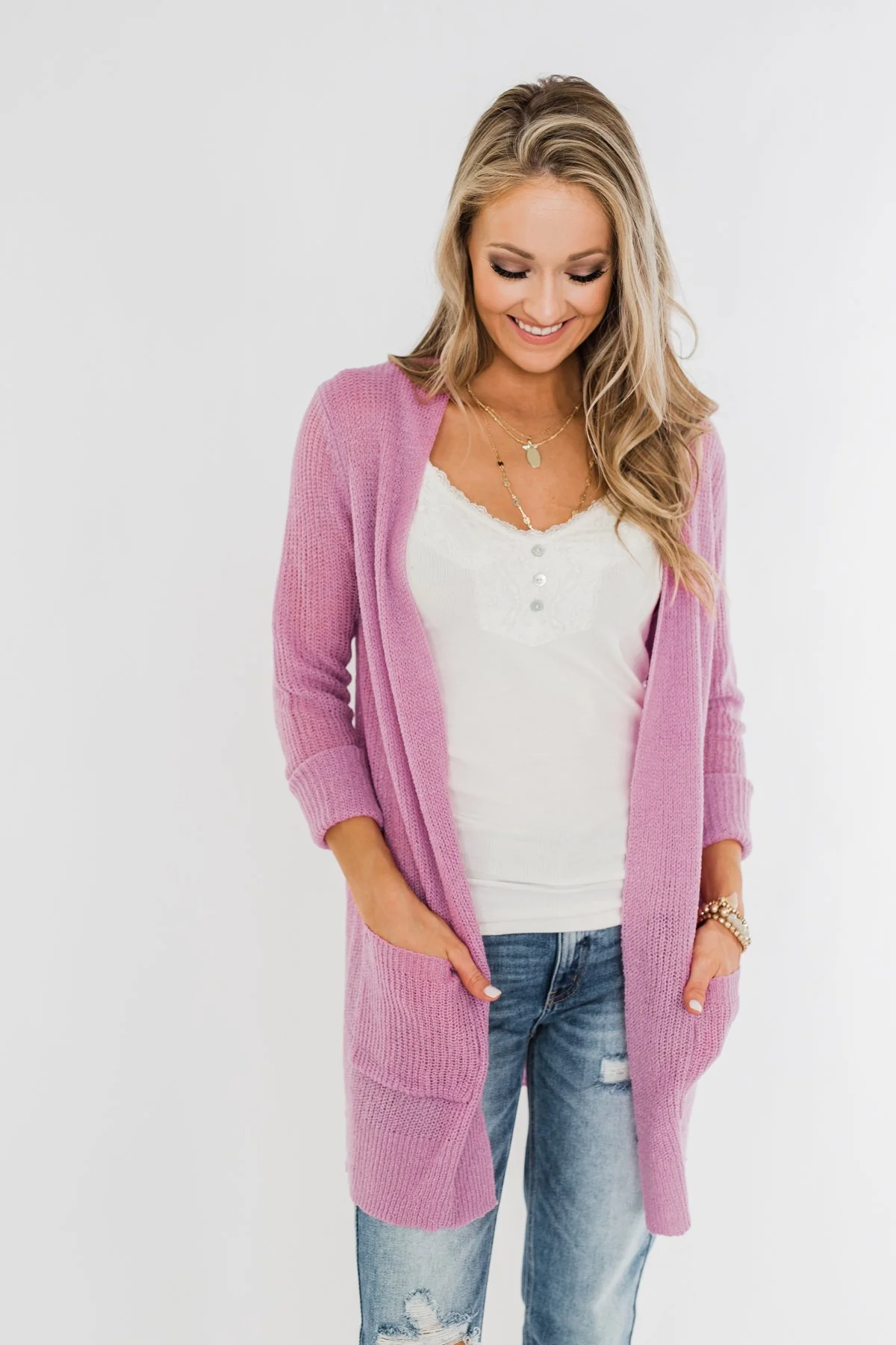 Long Sleeve Knit Cardigan- French Rose - Image 6