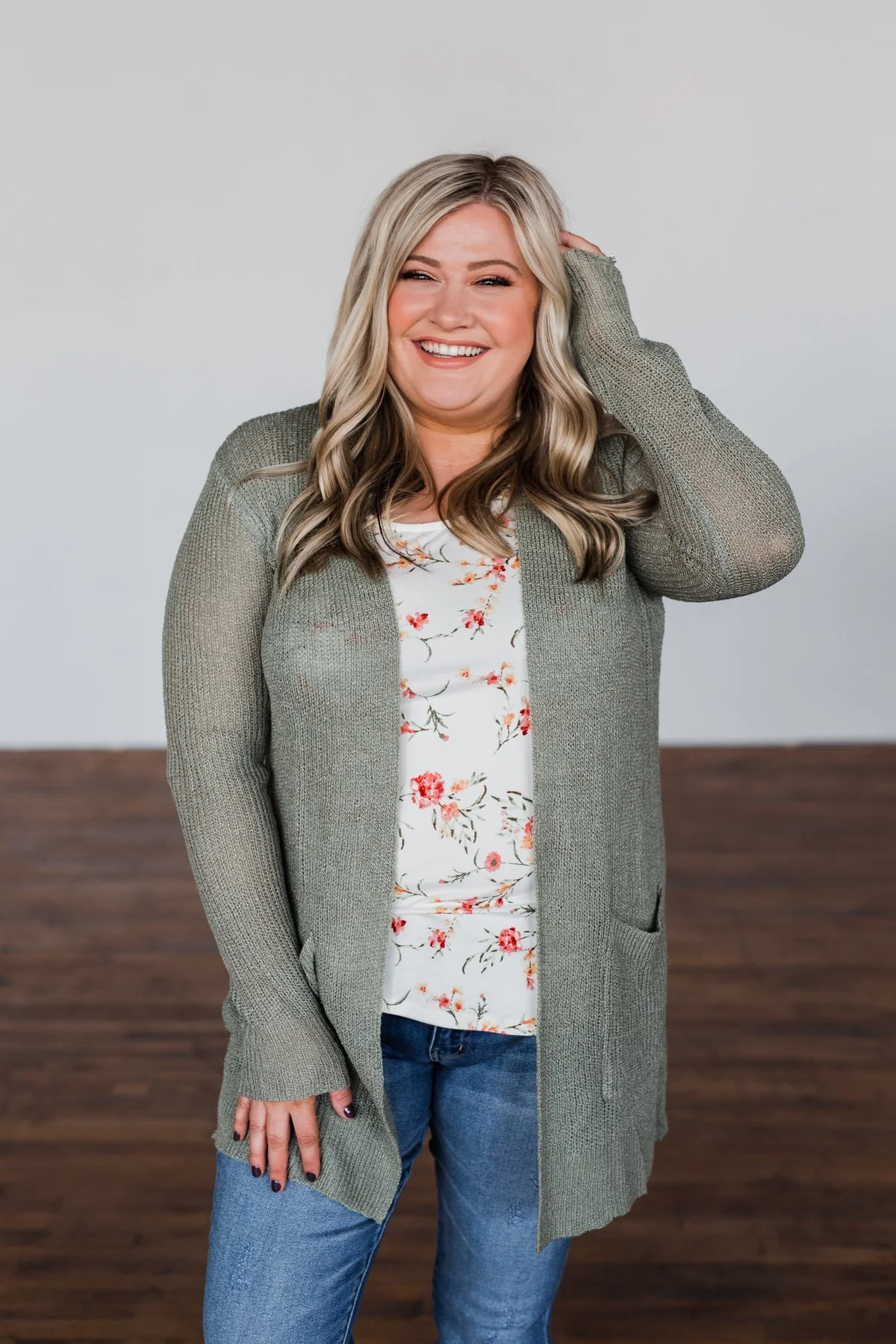 Long Sleeve Knit Cardigan- Sage - Image 2