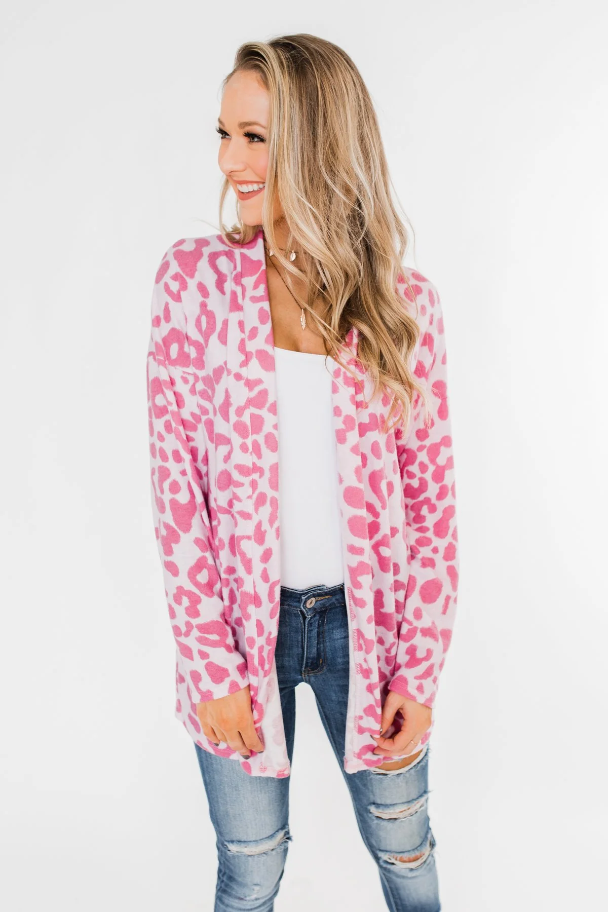 Long Sleeve Leopard Cardigan- Taffy Pink