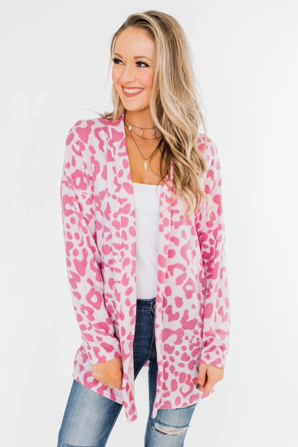 Long Sleeve Leopard Cardigan- Taffy Pink - Image 3