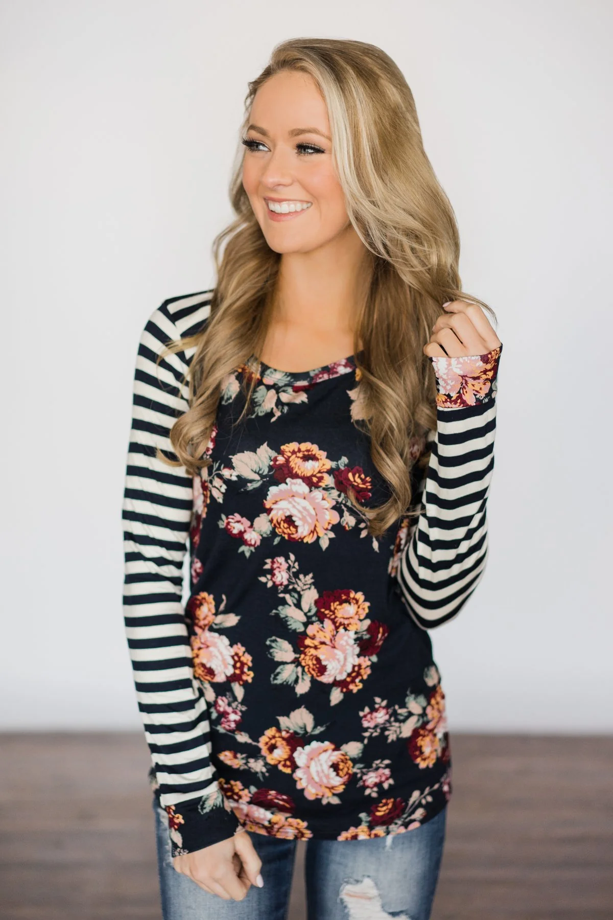 Long Sleeve Navy Floral & Stripes Top - Image 2
