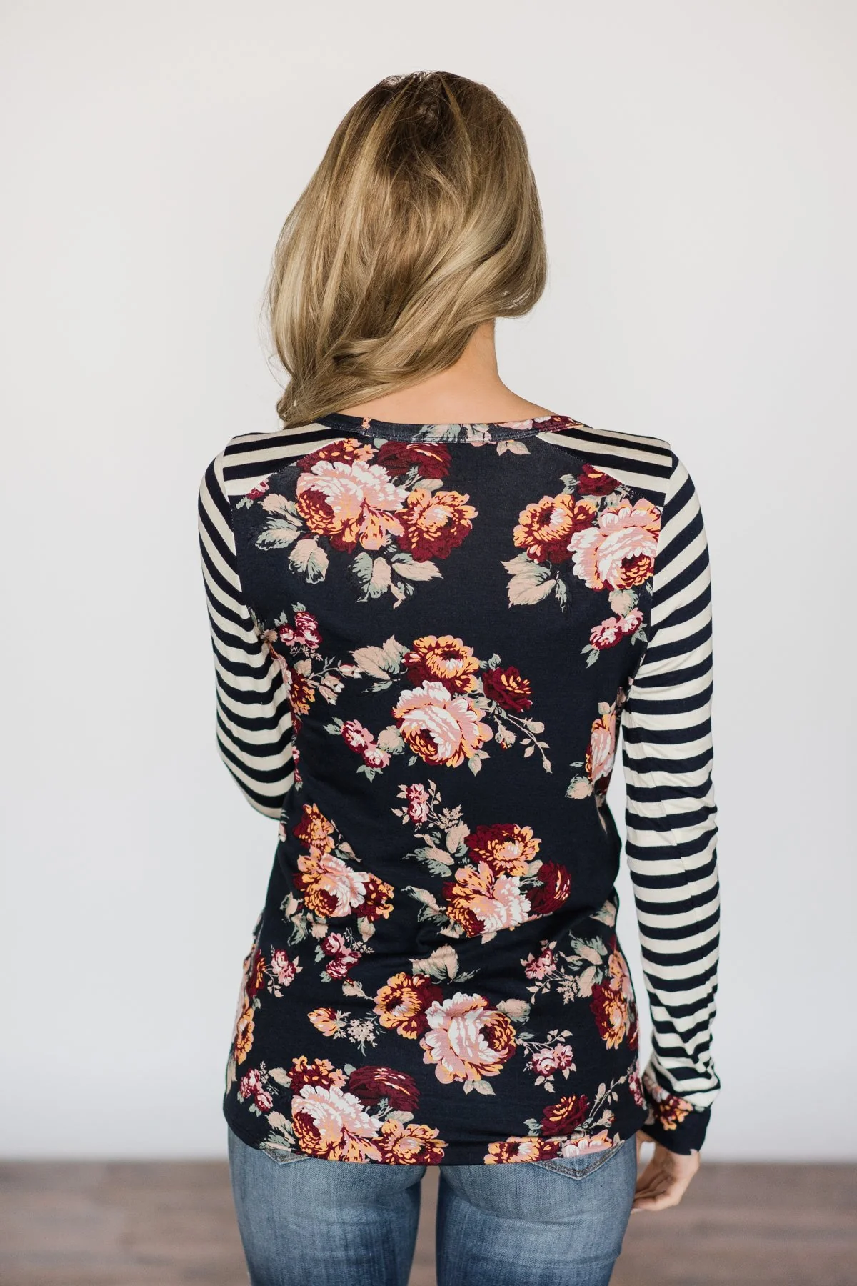 Long Sleeve Navy Floral & Stripes Top - Image 4
