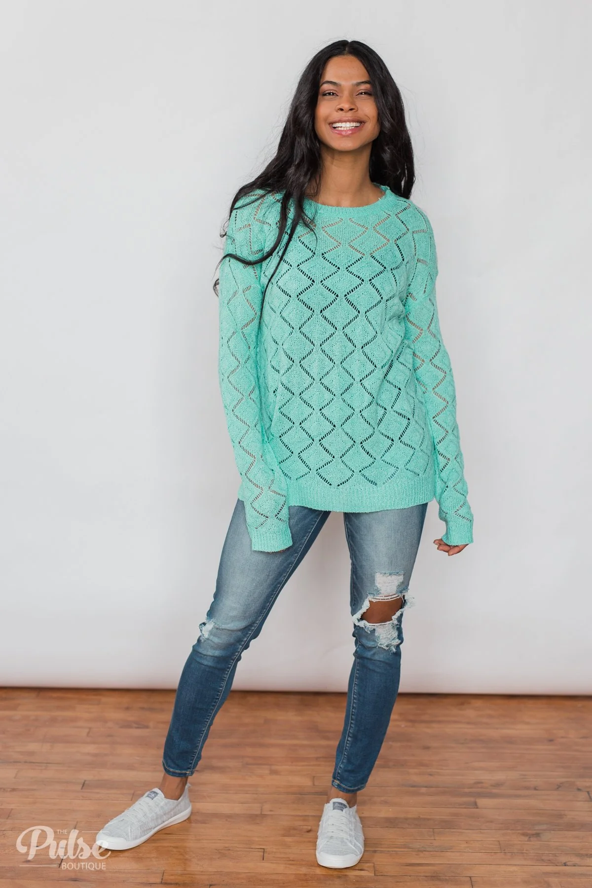 Long Sleeve Pointelle Knitted Sweater- MInt - Image 5