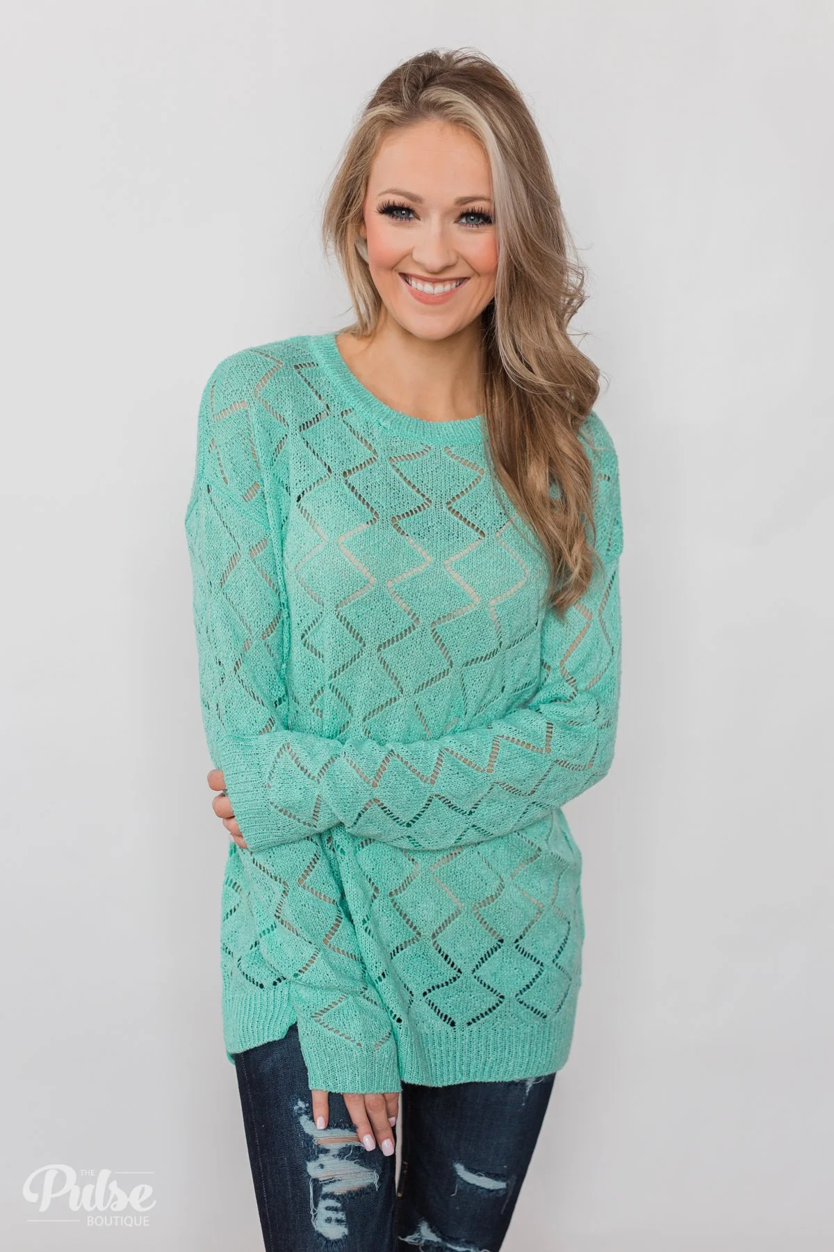 Long Sleeve Pointelle Knitted Sweater- MInt - Image 6