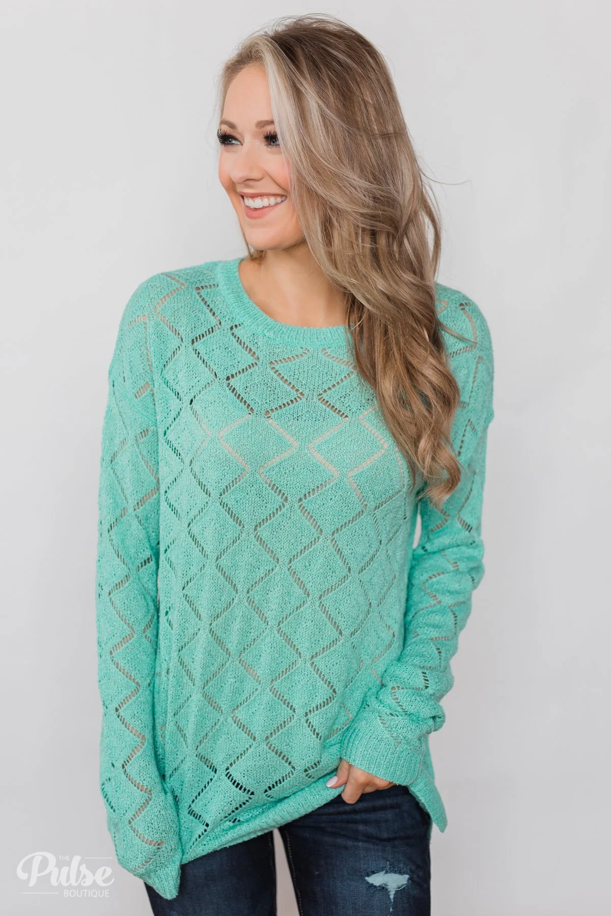 Long Sleeve Pointelle Knitted Sweater- MInt - Image 8
