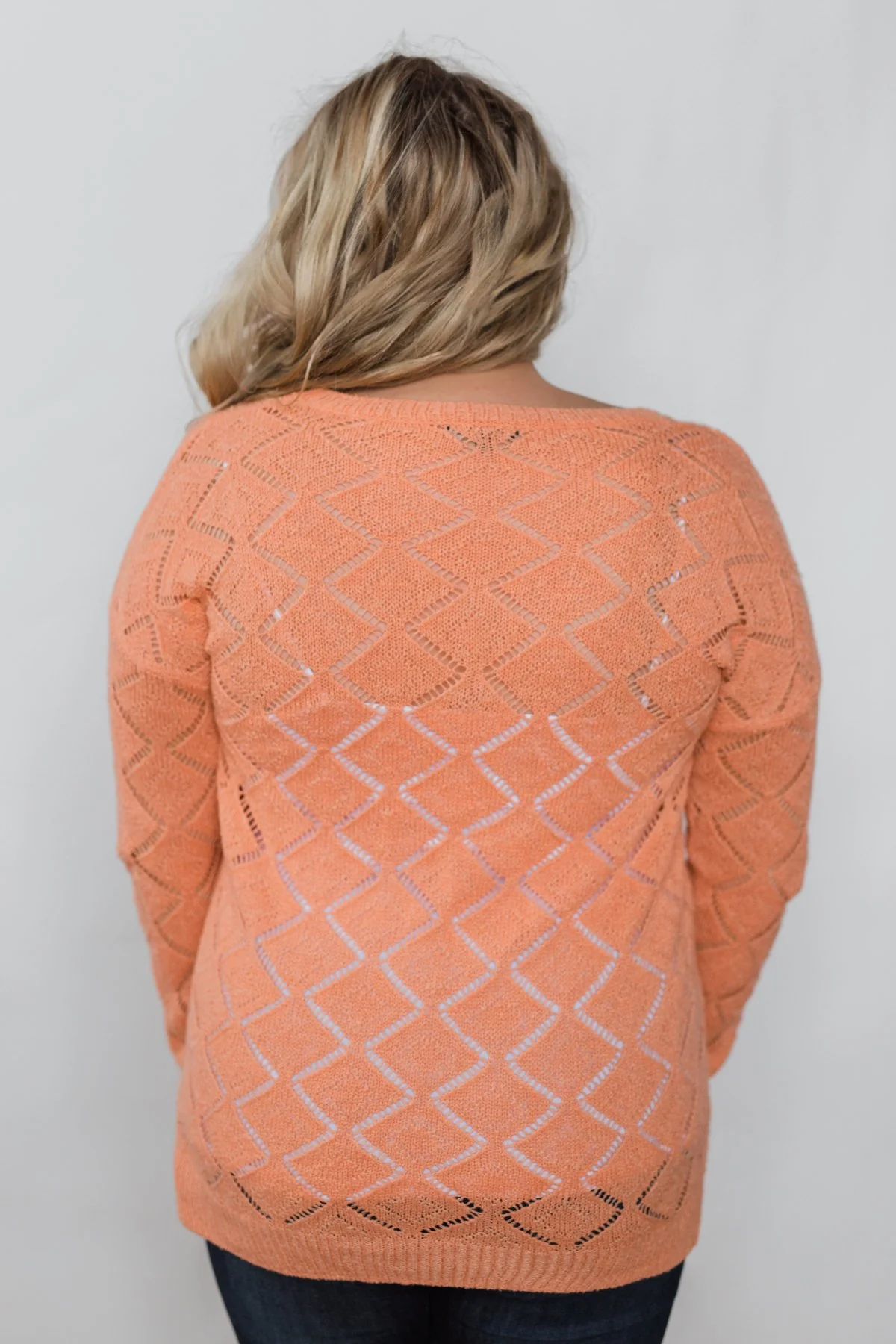 Long Sleeve Pointelle Knitted Sweater- Peachy Orange - Image 12