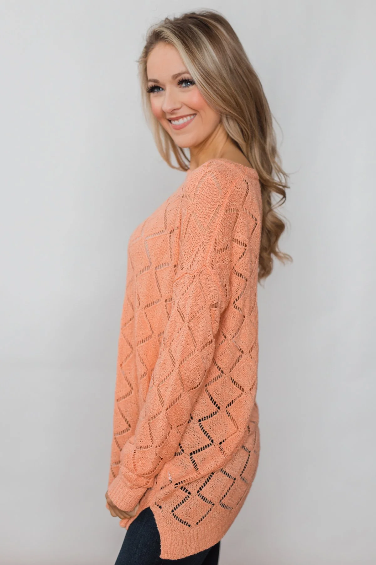 Long Sleeve Pointelle Knitted Sweater- Peachy Orange - Image 7