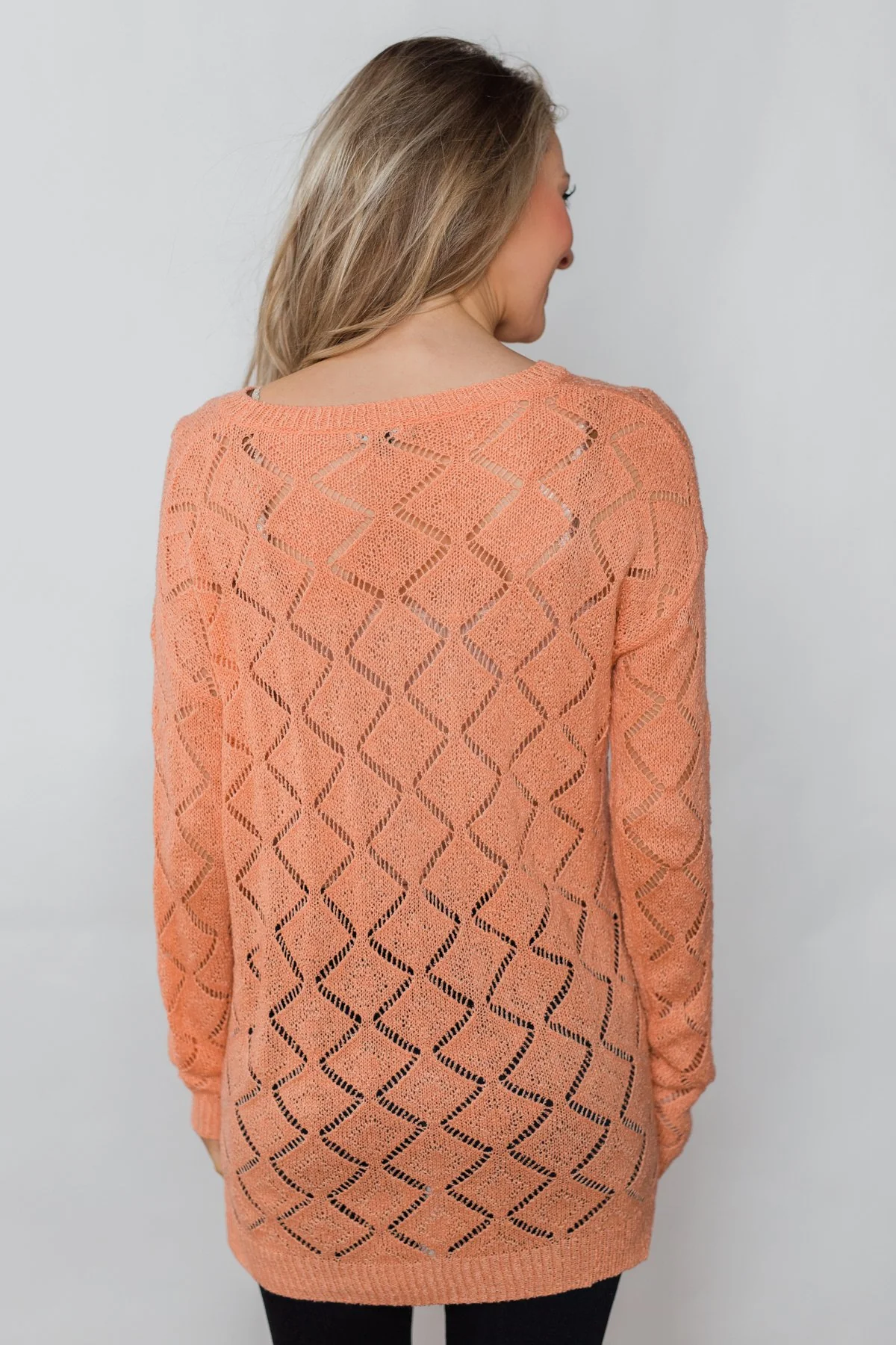 Long Sleeve Pointelle Knitted Sweater- Peachy Orange - Image 8