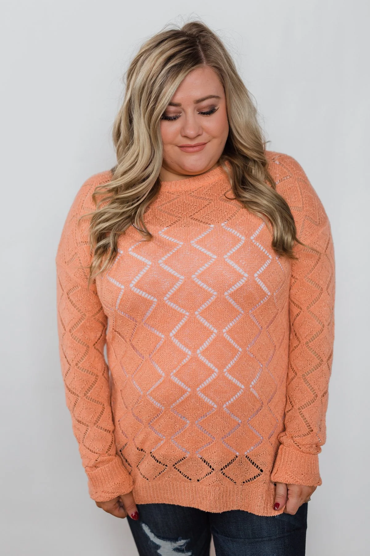 Long Sleeve Pointelle Knitted Sweater- Peachy Orange - Image 9