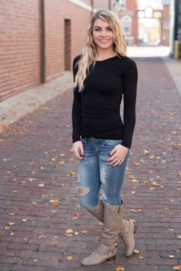 Long Sleeve Seamless Top - Black - Image 2