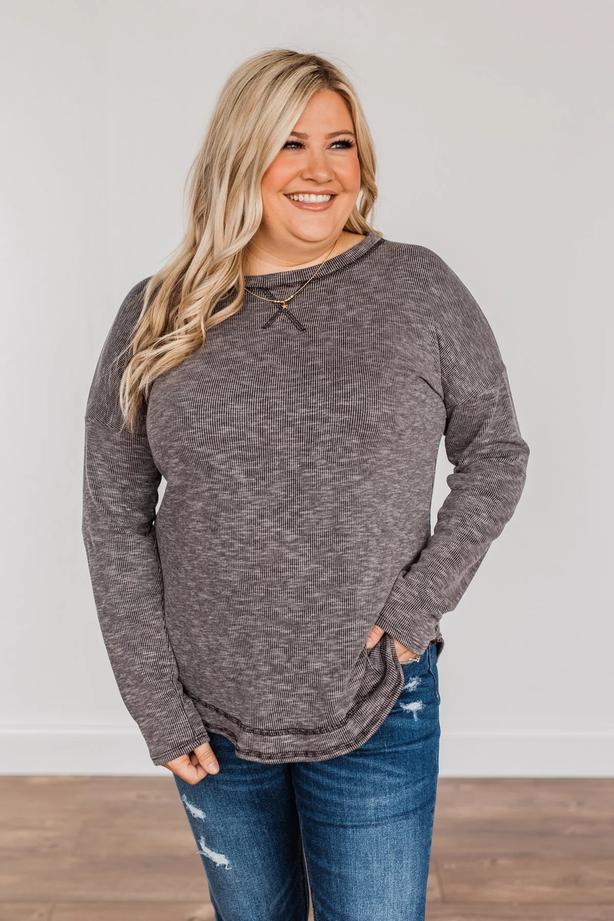 Feeling Lovely Long Sleeve Shirt- Charcoal - Image 4