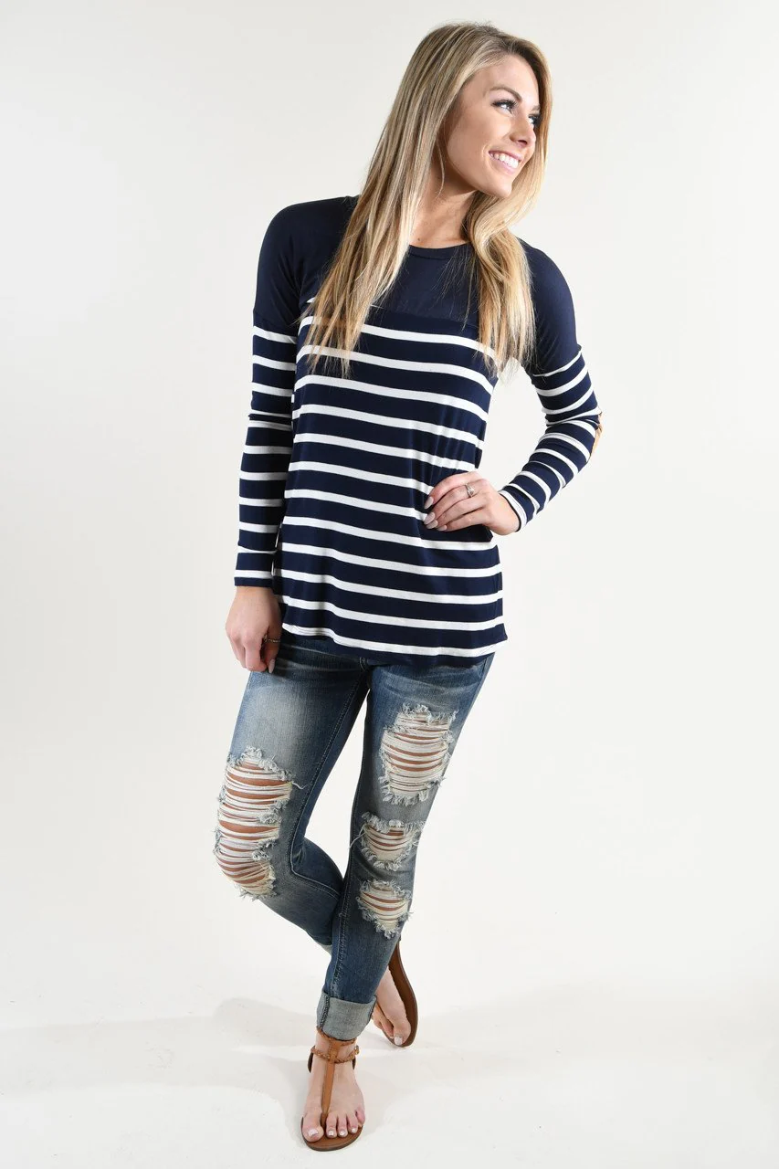 Long Sleeve Striped Navy Top - Image 3