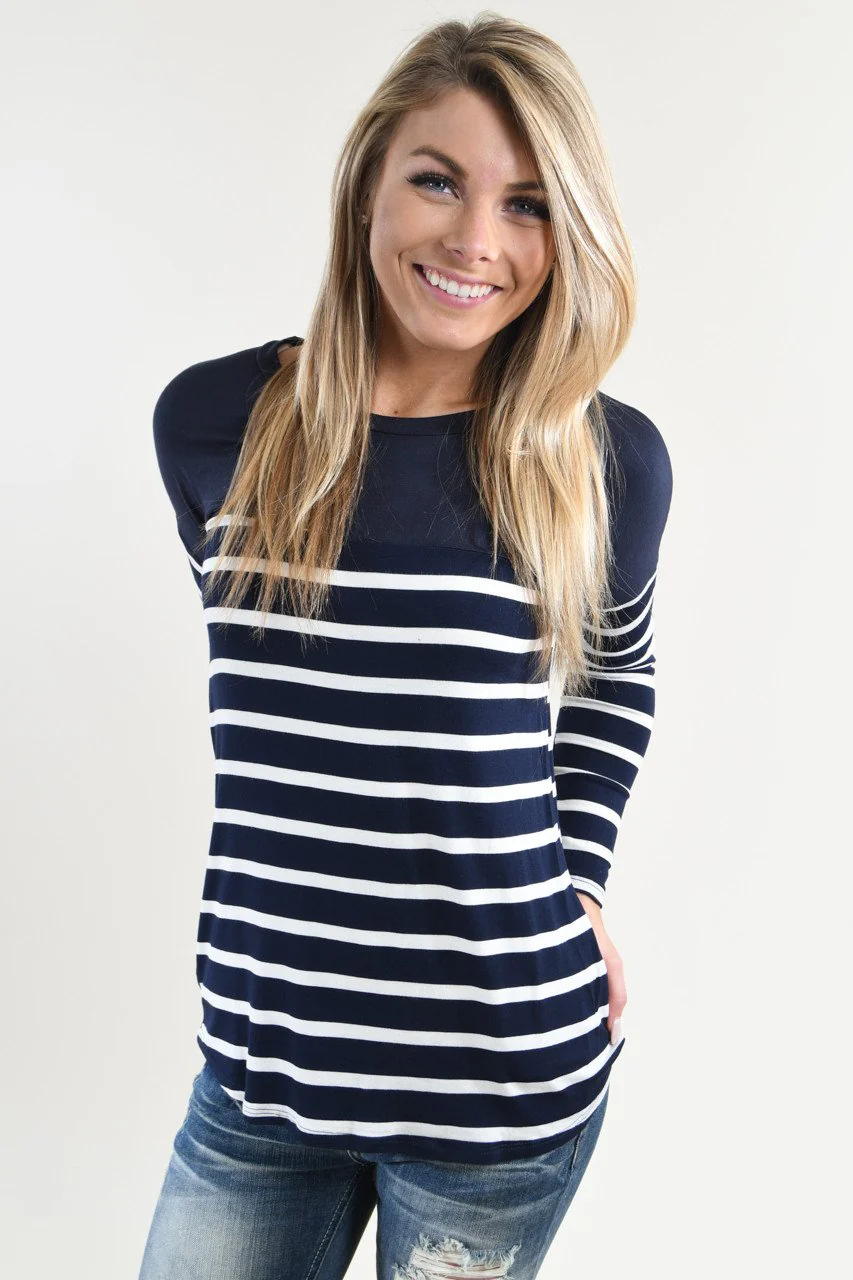 Long Sleeve Striped Navy Top - Image 4