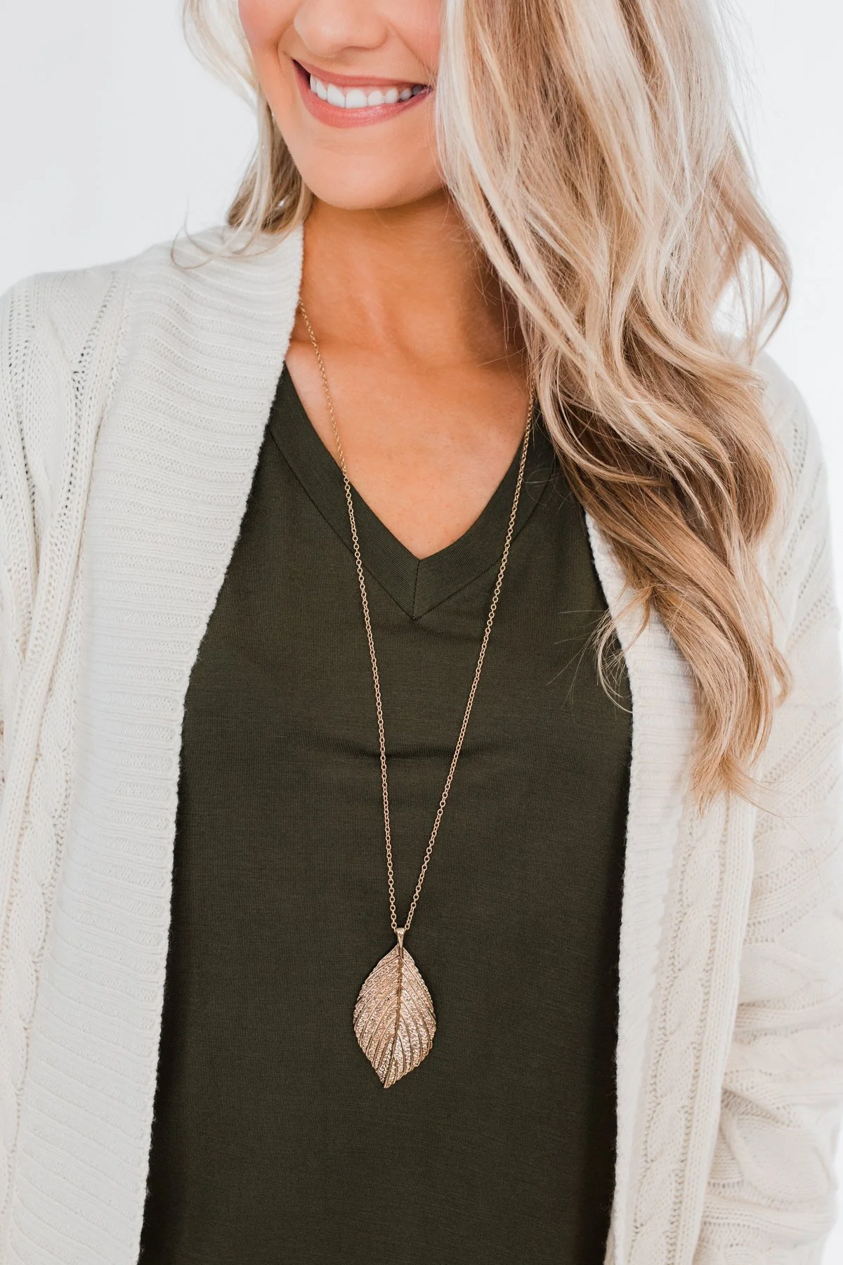 Long Solid Leaf Necklace- Gold - Image 2