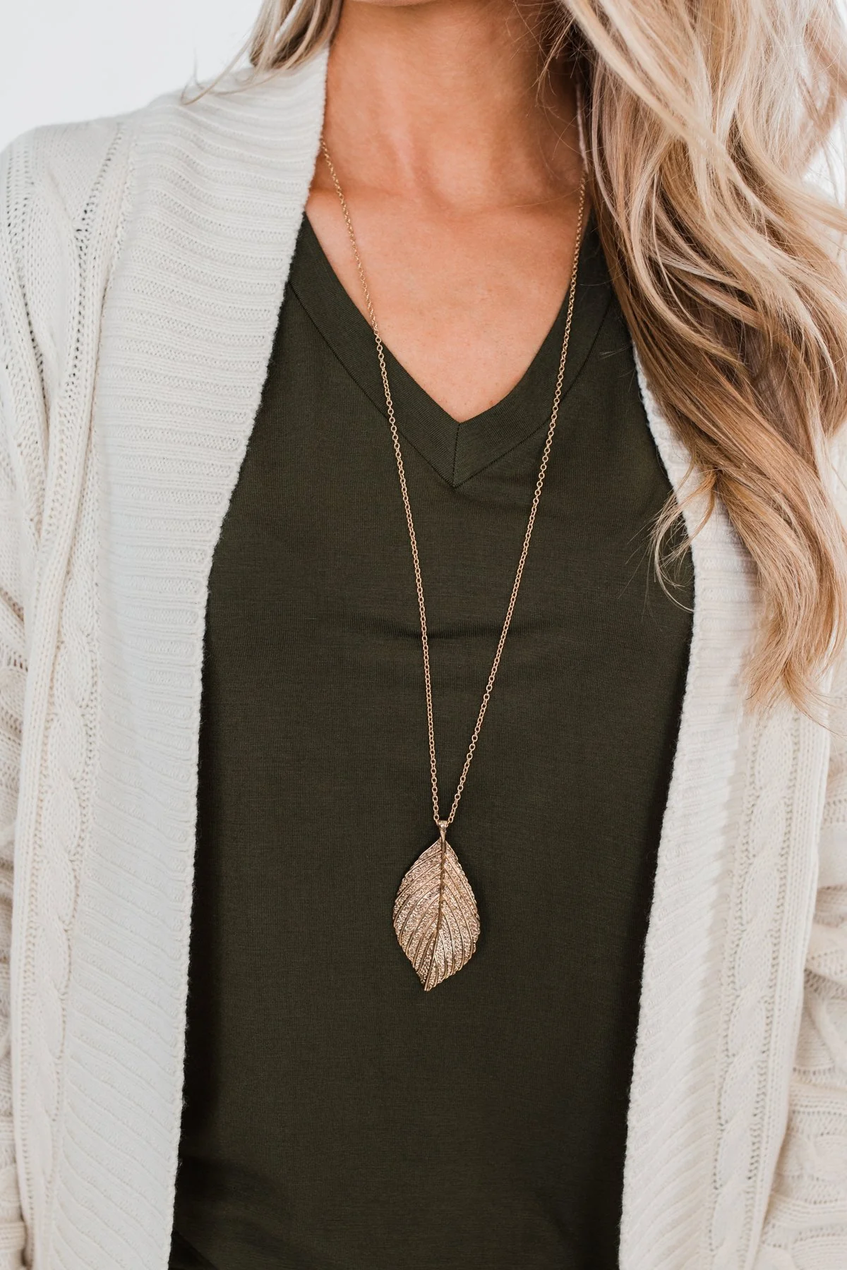 Long Solid Leaf Necklace- Gold - Image 3