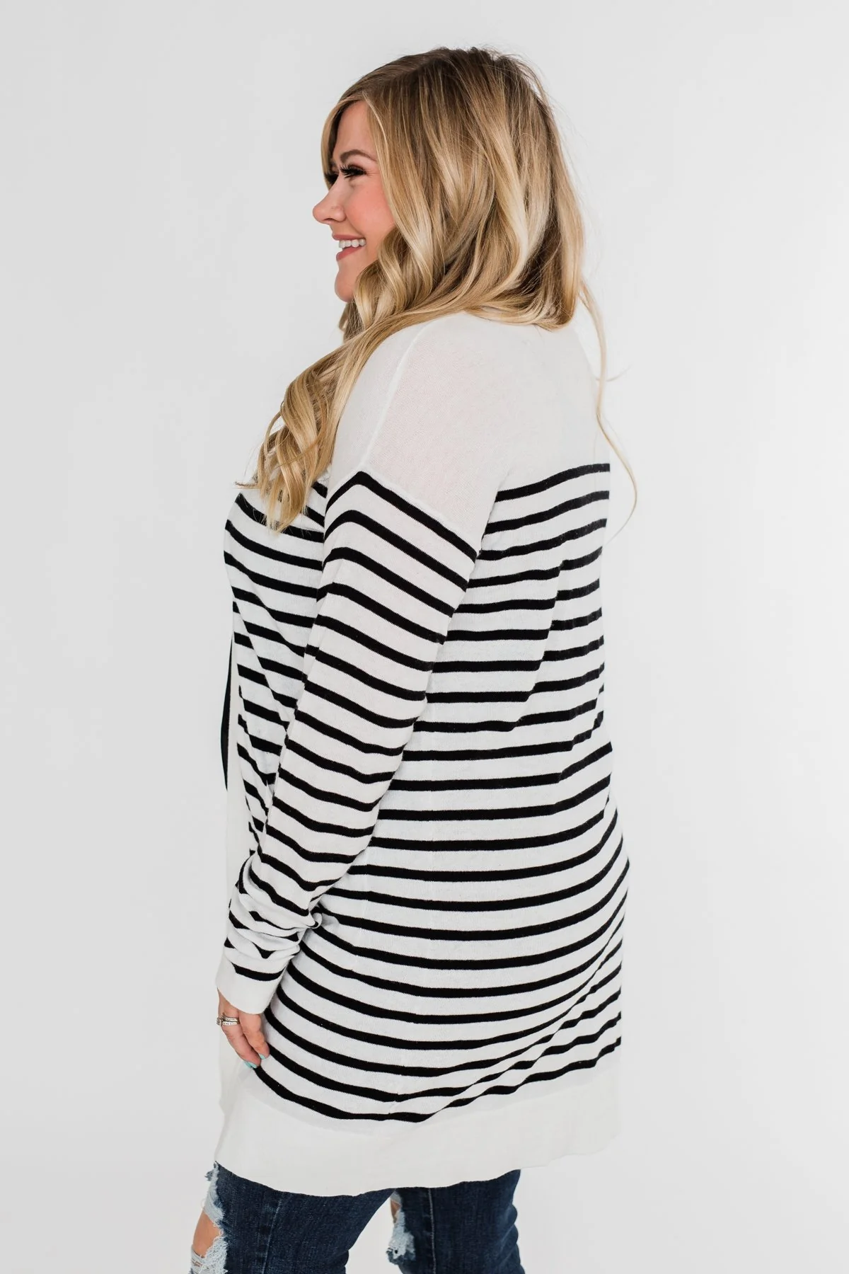 Long Striped Cardigan- Off White & Black - Image 13