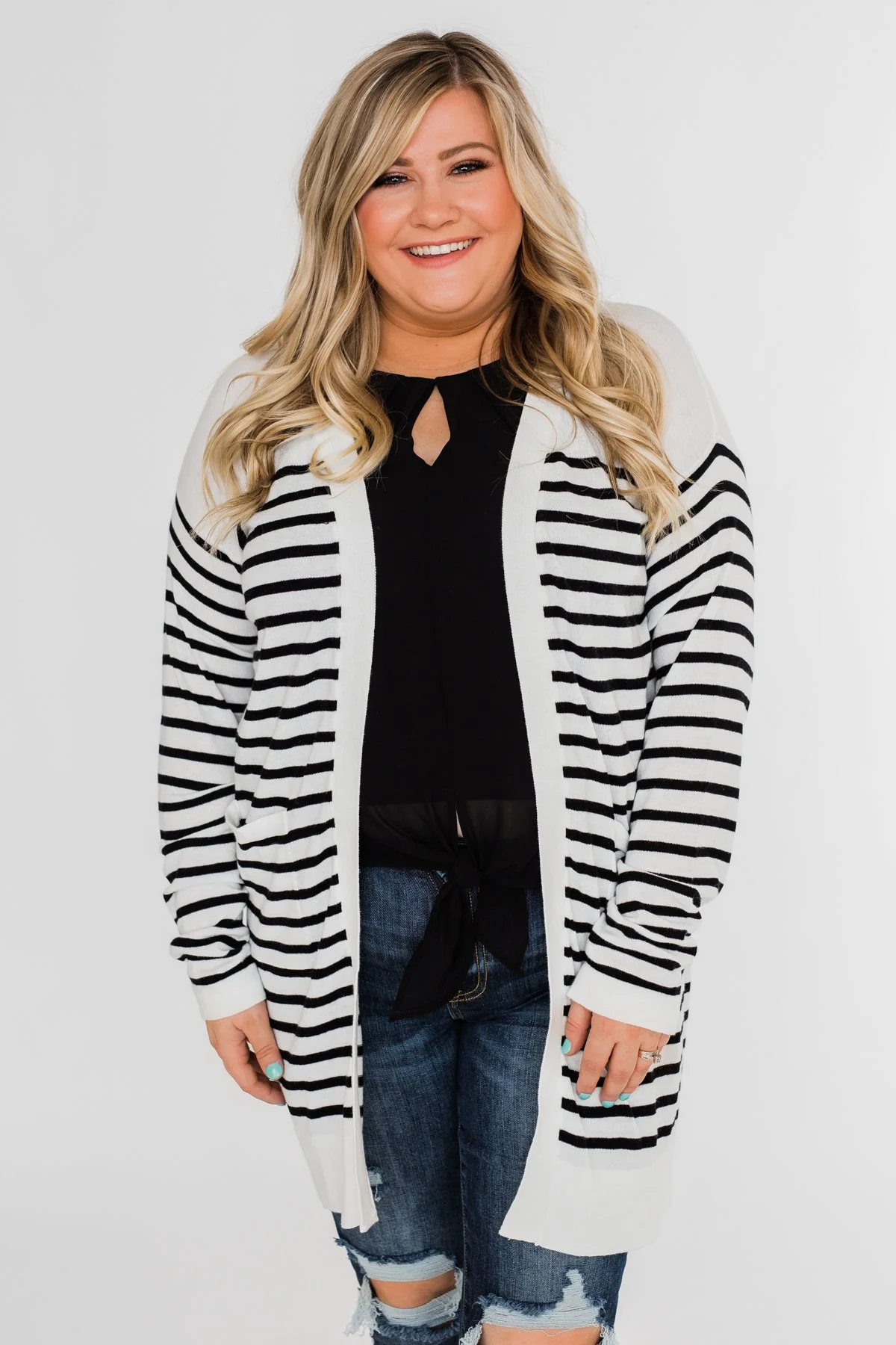 Long Striped Cardigan- Off White & Black - Image 8