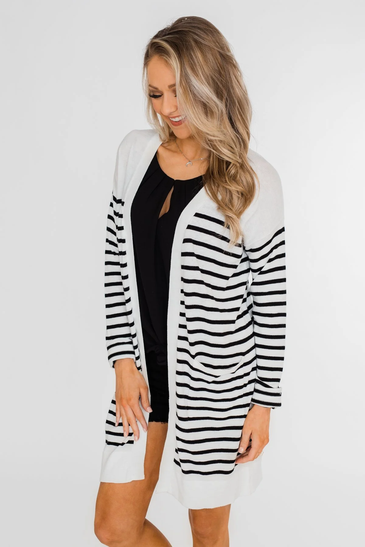 Long Striped Cardigan- Off White & Black - Image 9