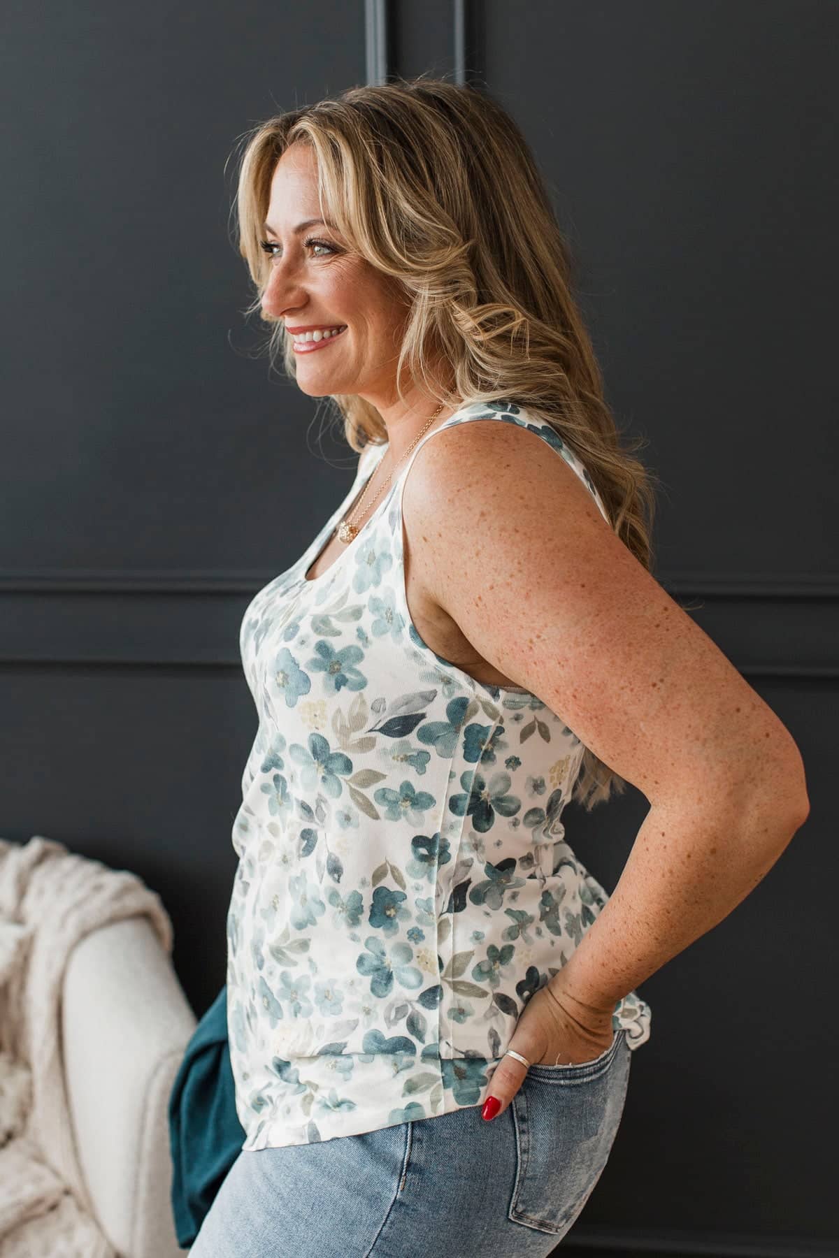 Longing For Love Floral Tank Top- Ivory & Dusty Teal - Image 3