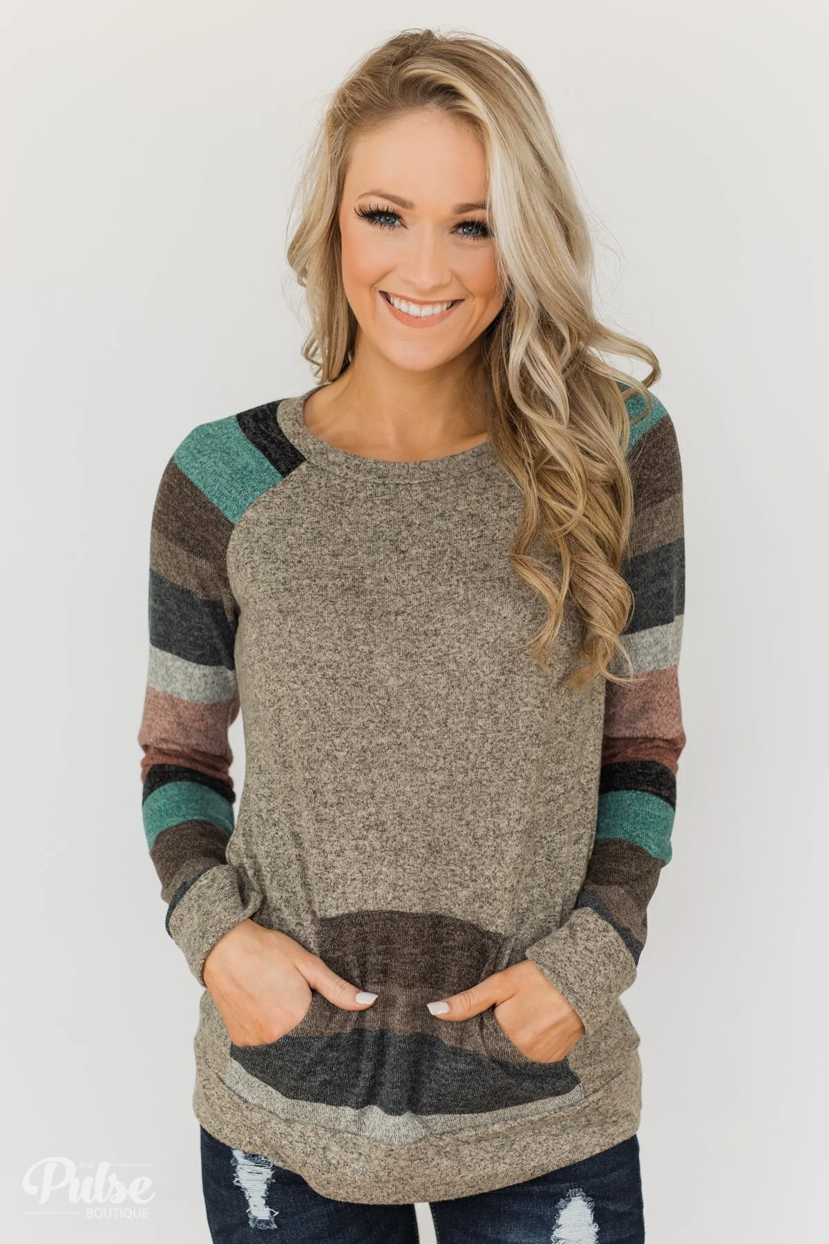 Look My Way Pullover Pocket Top- Taupe - Image 6