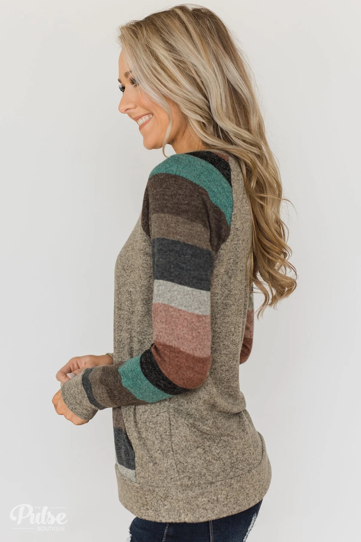 Look My Way Pullover Pocket Top- Taupe - Image 7