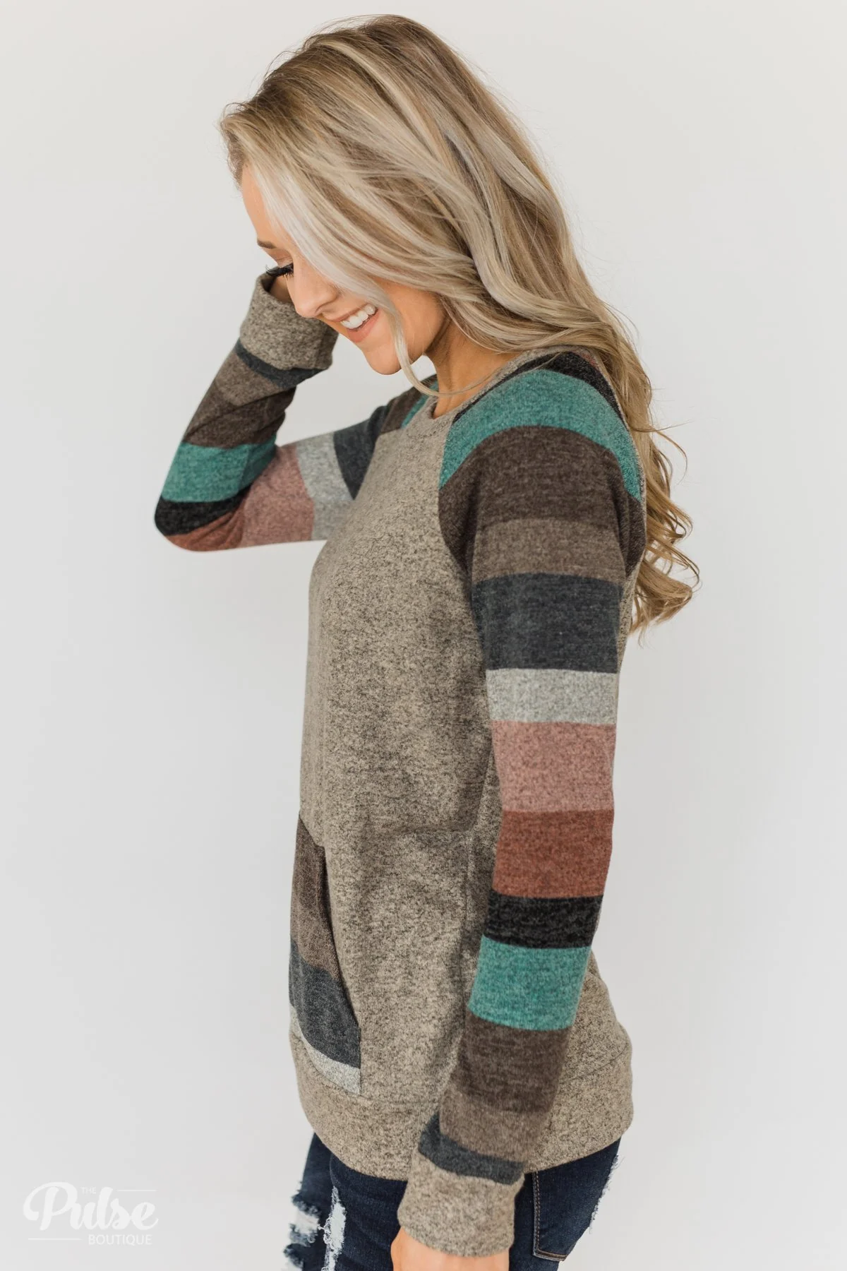Look My Way Pullover Pocket Top- Taupe - Image 8