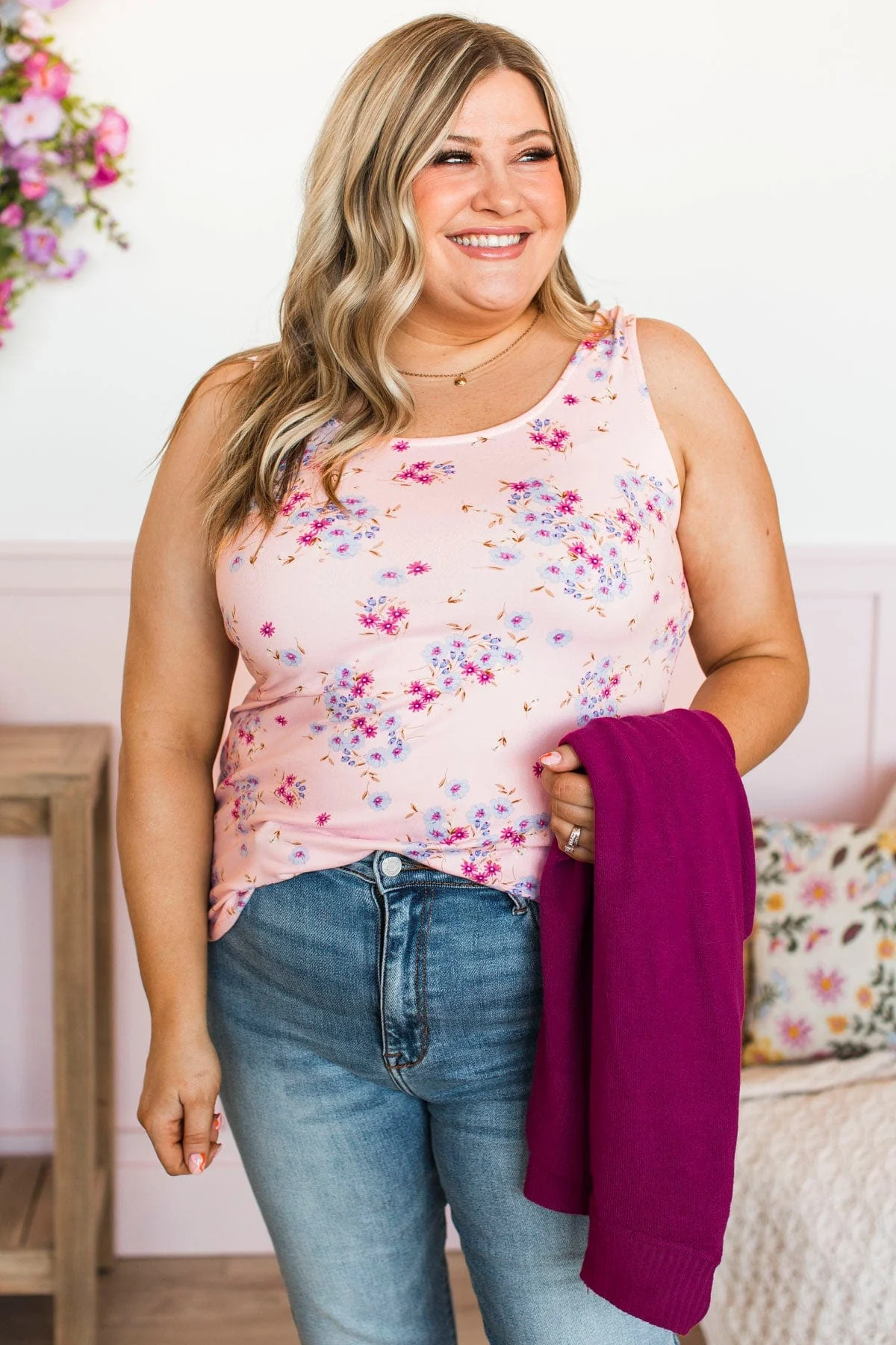 Look So Lovely Floral Tank Top- Pale Pink & Blue - Image 4